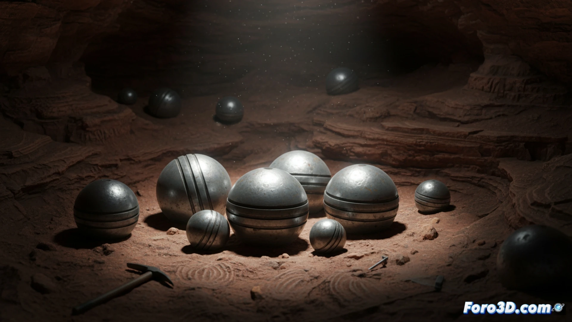 Modelo 3D de una esfera de Klerksdorp mostrando su superficie estriada y forma esferoide, sobre fondo neutro.