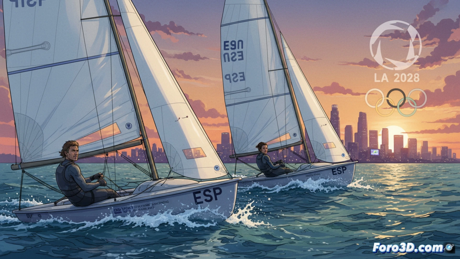 Dos veleros 470 españoles compiten en aguas azules, tripulados por parejas mixtas con banderas ondeando, rumbo a Los Ángeles 2028.