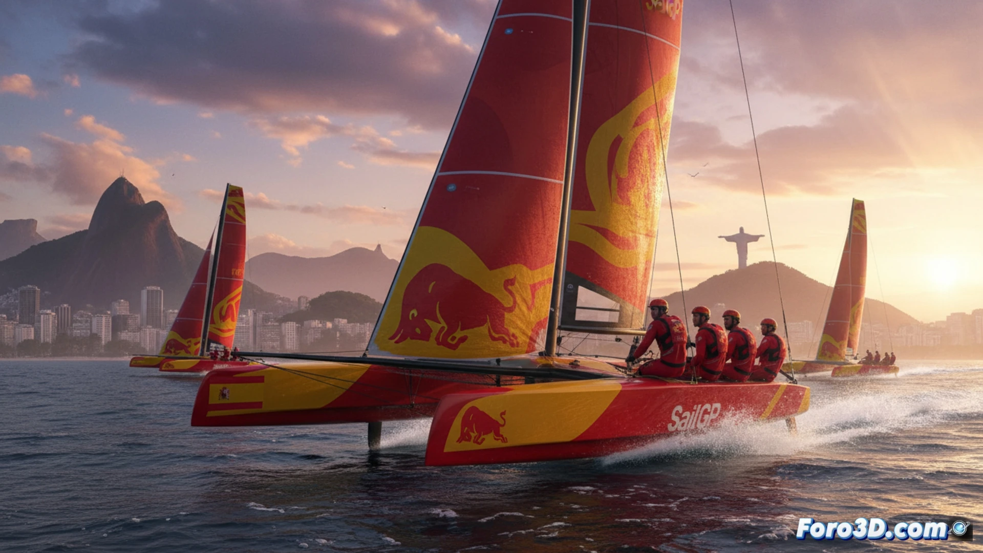 Un catamarán F50 español navega con potencia en la bahía de Río, bajo el Pan de Azúcar y con multitud de embarcaciones siguiendo la regata.