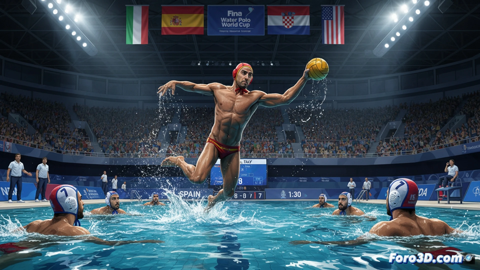 La selección española, liderada por Álvaro Granados, compite en la World Cup como líder mundial. Enfrenta a Italia, Croacia y EE.UU. en un intenso partido acuático.