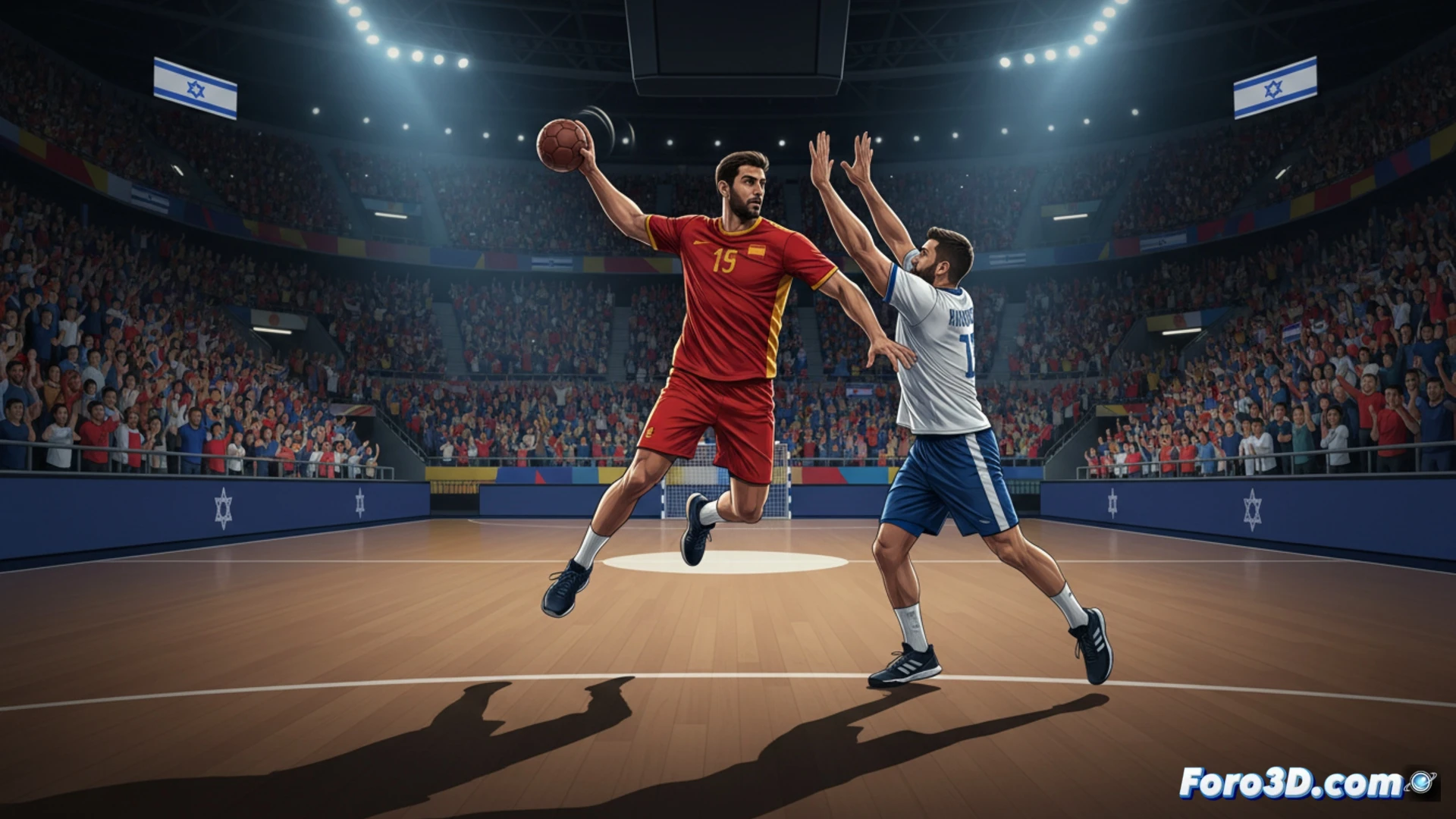 Dos equipos de balonmano juegan en una cancha neutral de Argentina, con público en las gradas.