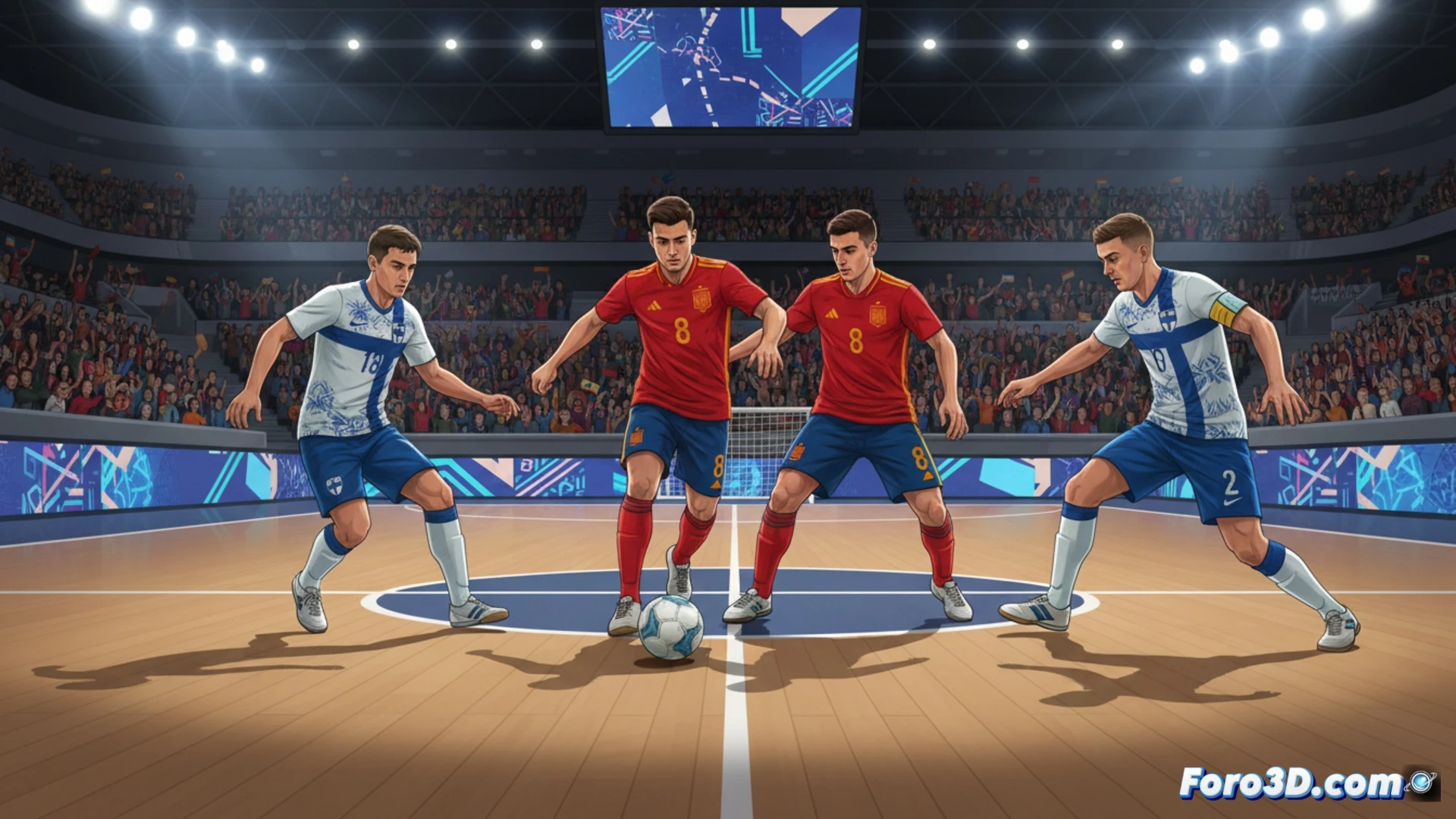 Un jugador español con el dorsal '10' controla el balón en un campo de fútbol sala, con la mirada en busca de opciones de pase.