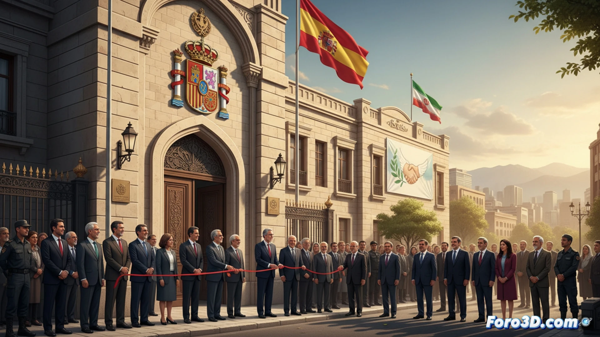 Una bandera española ondeando frente a la embajada reabierta en Teherán, simbolizando la reanudación de la diplomacia.