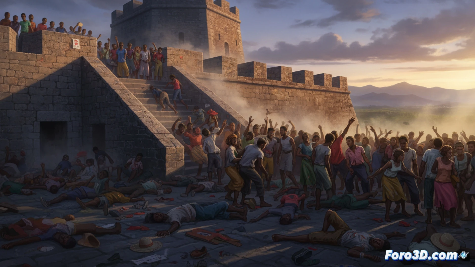 Una multitud en pánico desciende por la empinada escalinata de piedra de la fortaleza haitiana, con personas caídas y gritos de desesperación.