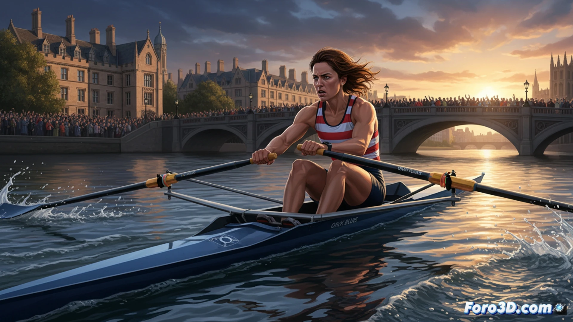 Una remera con el blasón de Oxford rema con determinación, uniendo el esfuerzo olímpico con los libros de un MBA en la mítica regata.