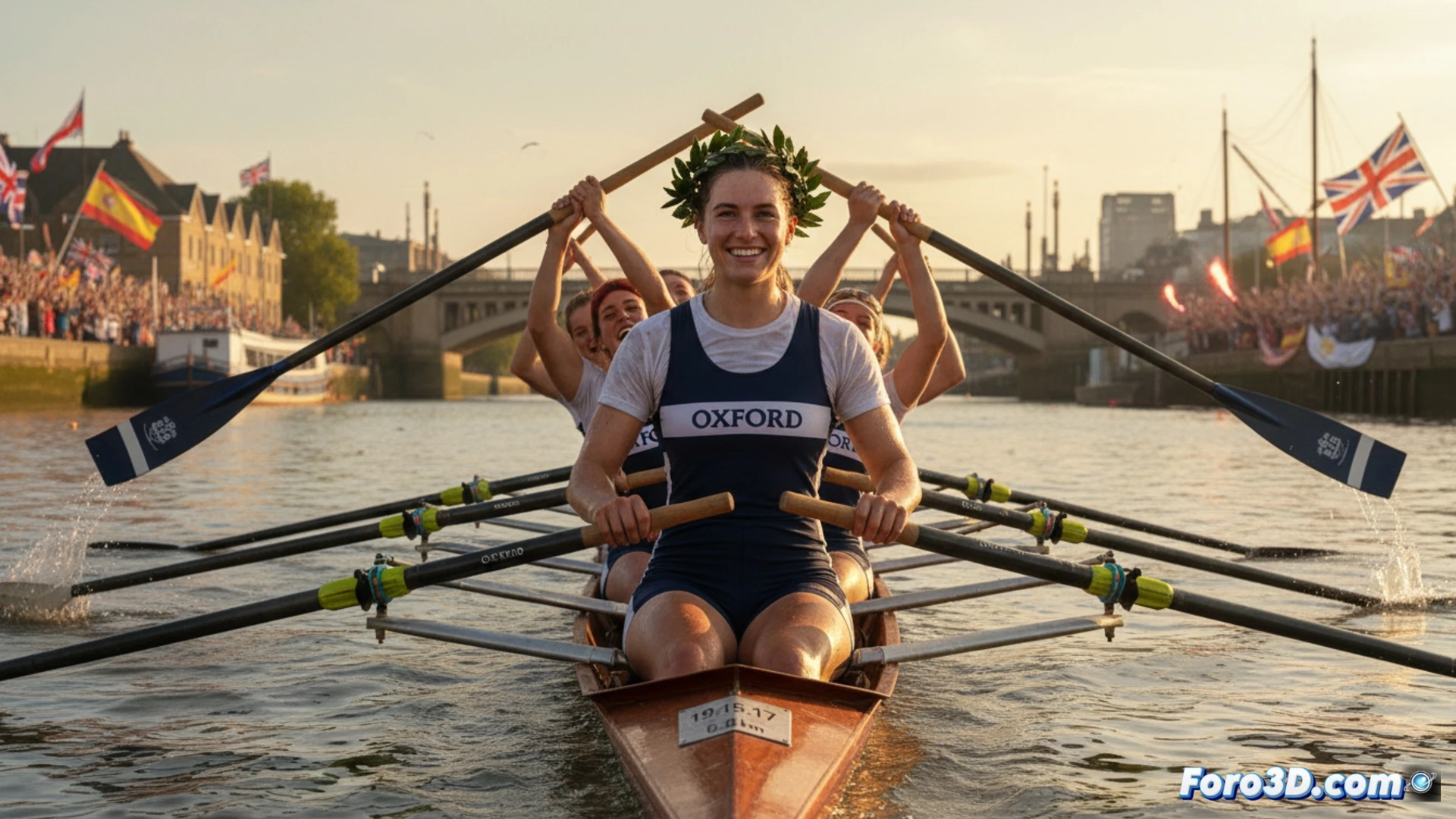 Una remera española, con el torso inclinado y el remo al agua, impulsa el bote de Oxford hacia la victoria histórica frente a Cambridge.