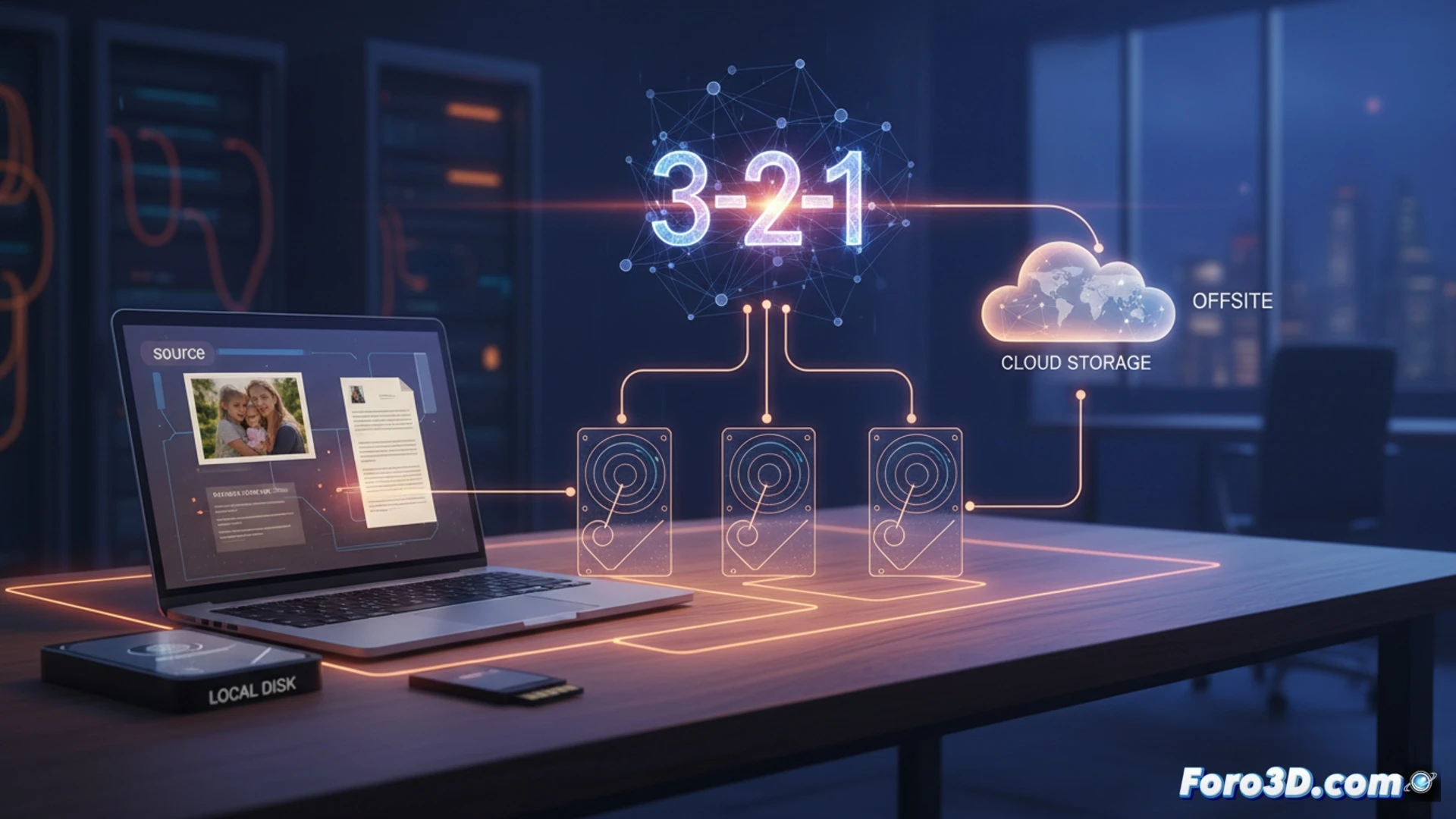 Un diagrama de hardware mostrando una estación de trabajo 3D conectada a unidades de almacenamiento local y a la nube.