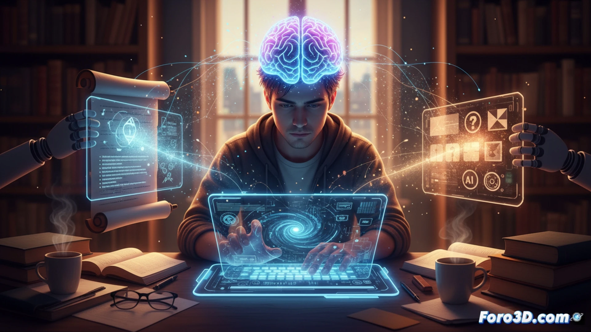 Un estudiante sonríe frente a una laptop donde la IA genera preguntas, no respuestas, mientras sus apuntes descansan a un lado.