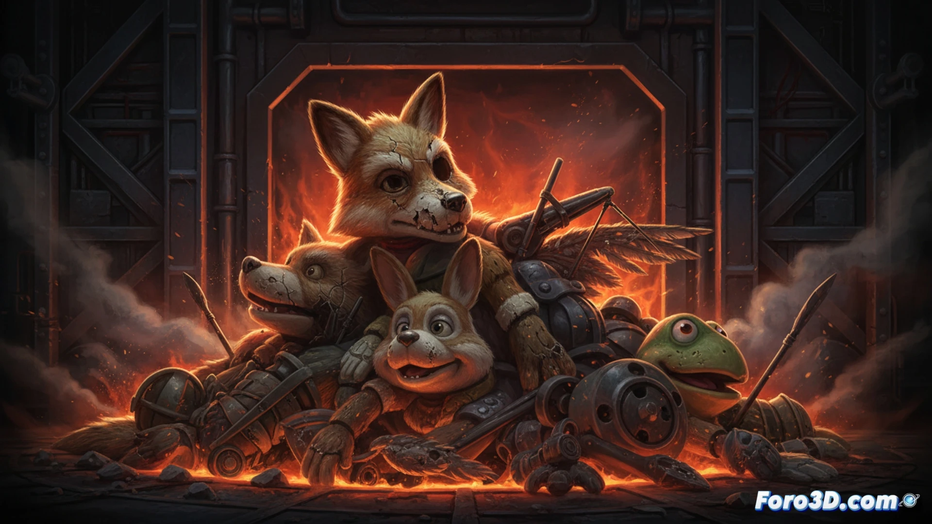 En una sala oscura, restos de títeres de Star Fox hechos de caucho y plumas yacen despedazados, junto a un monitor que muestra a Godzilla Minus One.