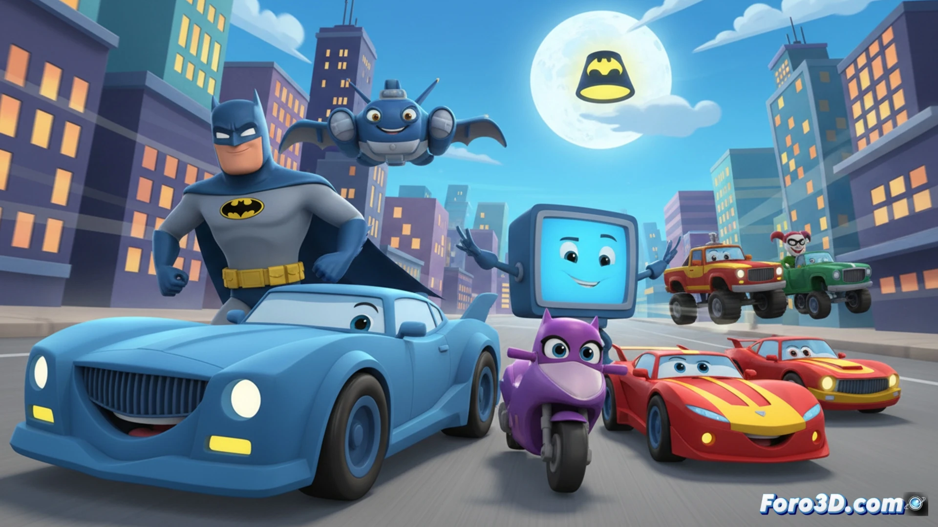 Ethan Hawke como Bruce Wayne junto a la Batfamilia de vehículos animados en Gotham.