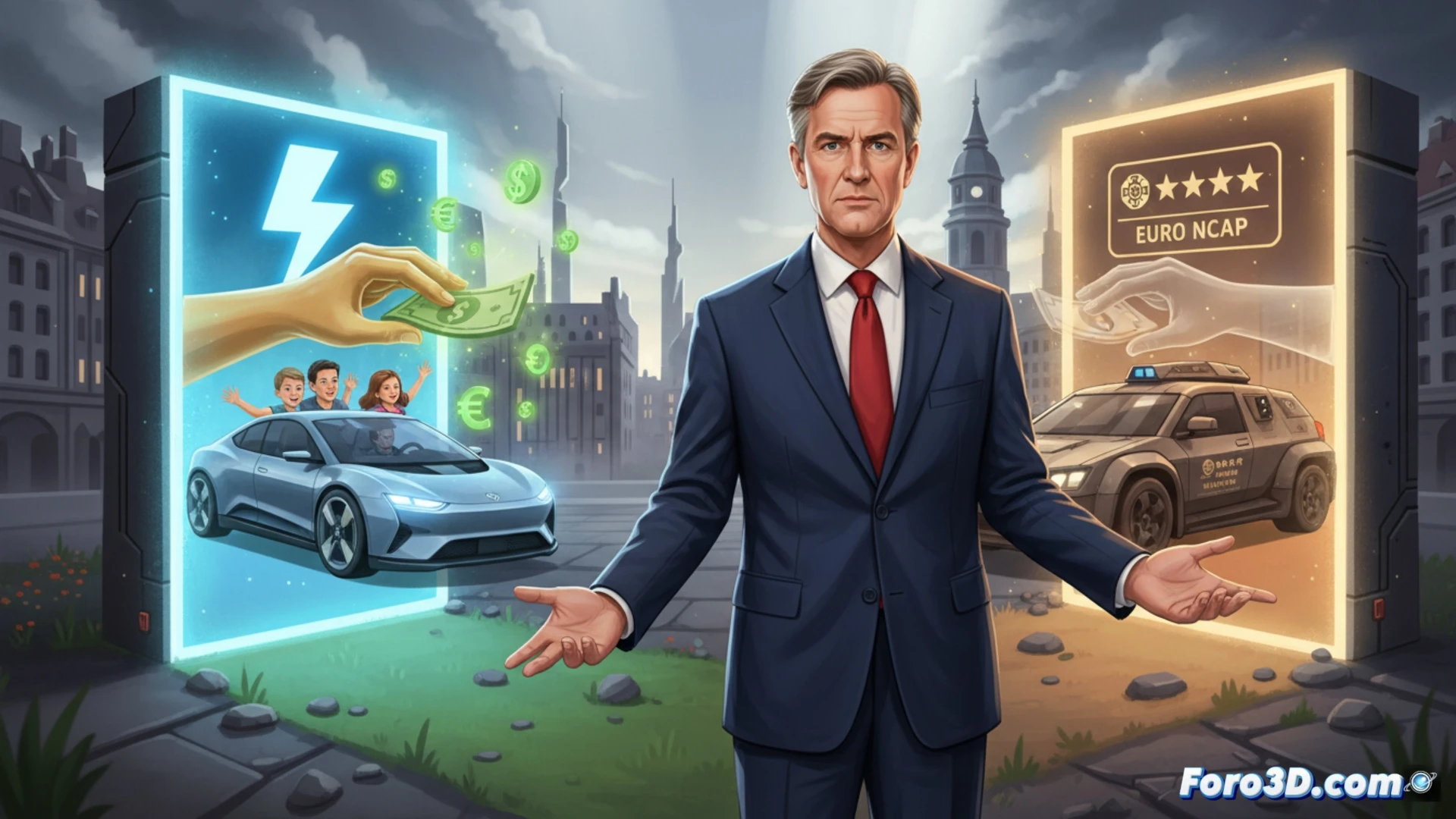 Un hombre señala un gráfico de seguridad junto a un coche eléctrico y otro con 5 estrellas, mostrando desequilibrio en las subvenciones.