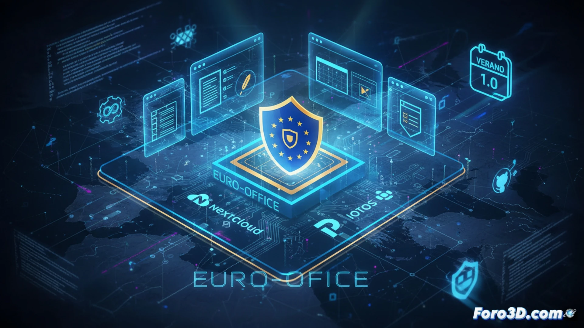 Un paquete ofimático europeo, Euro-Office, ejecutándose en una pantalla con los logos de Nextcloud, Ionos y Proton.