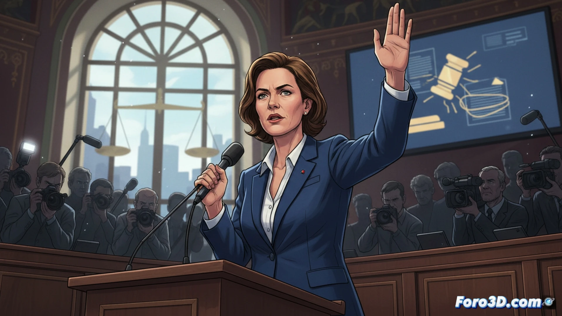 Una eurodiputada, seria y firme, habla ante micrófonos fuera de un edificio judicial. Su expresión muestra determinación y desafío, mientras agentes de policía se vislumbran de fondo.