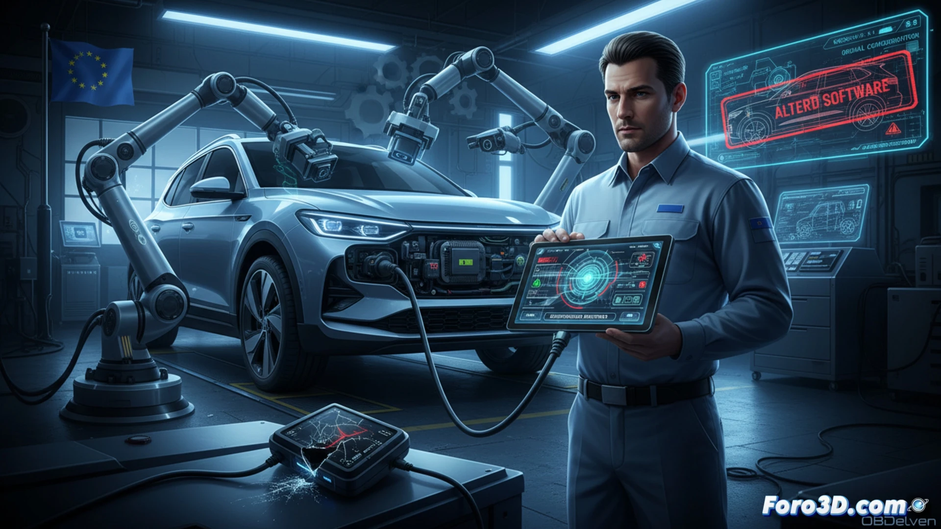 Un técnico conecta un escáner OBD a un coche moderno, con un símbolo de prohibición sobre modificaciones electrónicas.