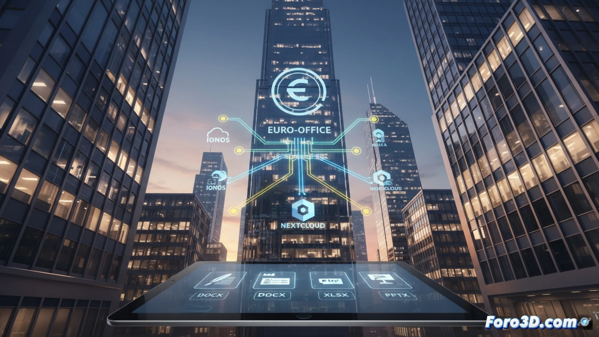 Un escritorio moderno con la suite Euro-Office abierta en una pantalla, mostrando su logo y herramientas junto a banderas europeas.