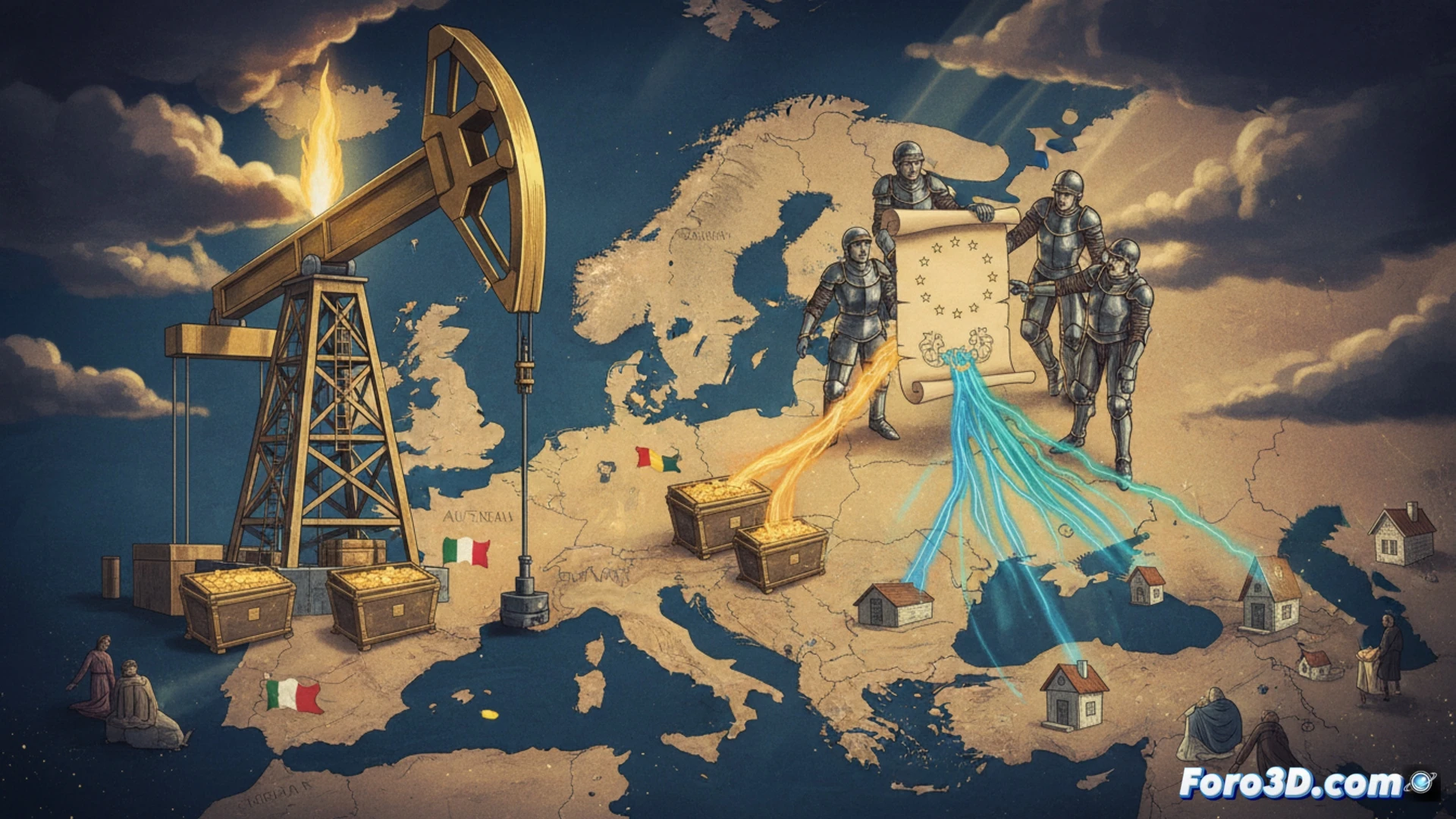 Un mapa de Europa con monedas cayendo de petroleras hacia consumidores.