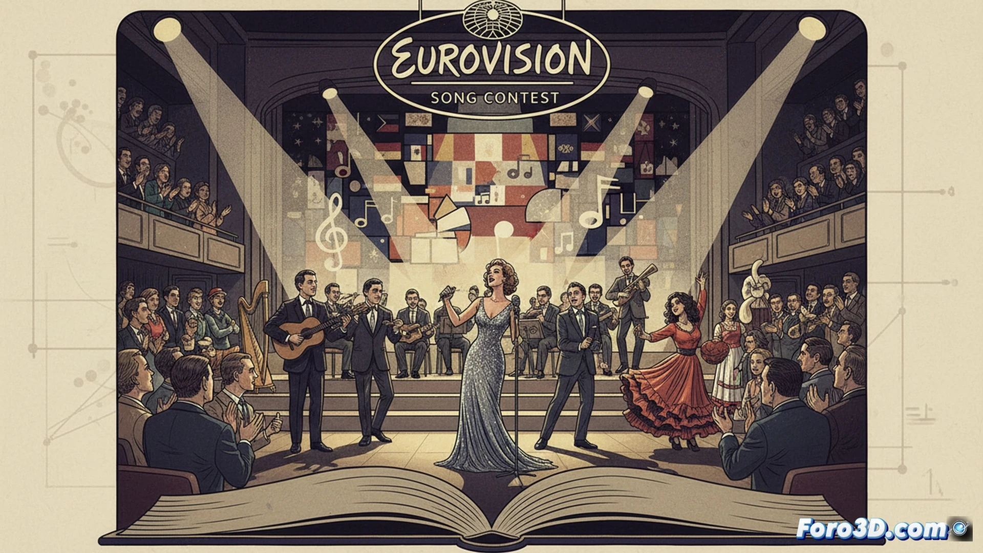 Una ilustración muestra un mapa de Europa con notas musicales idénticas saliendo de cada país, mientras un robot con auriculares tacha una partitura antigua.