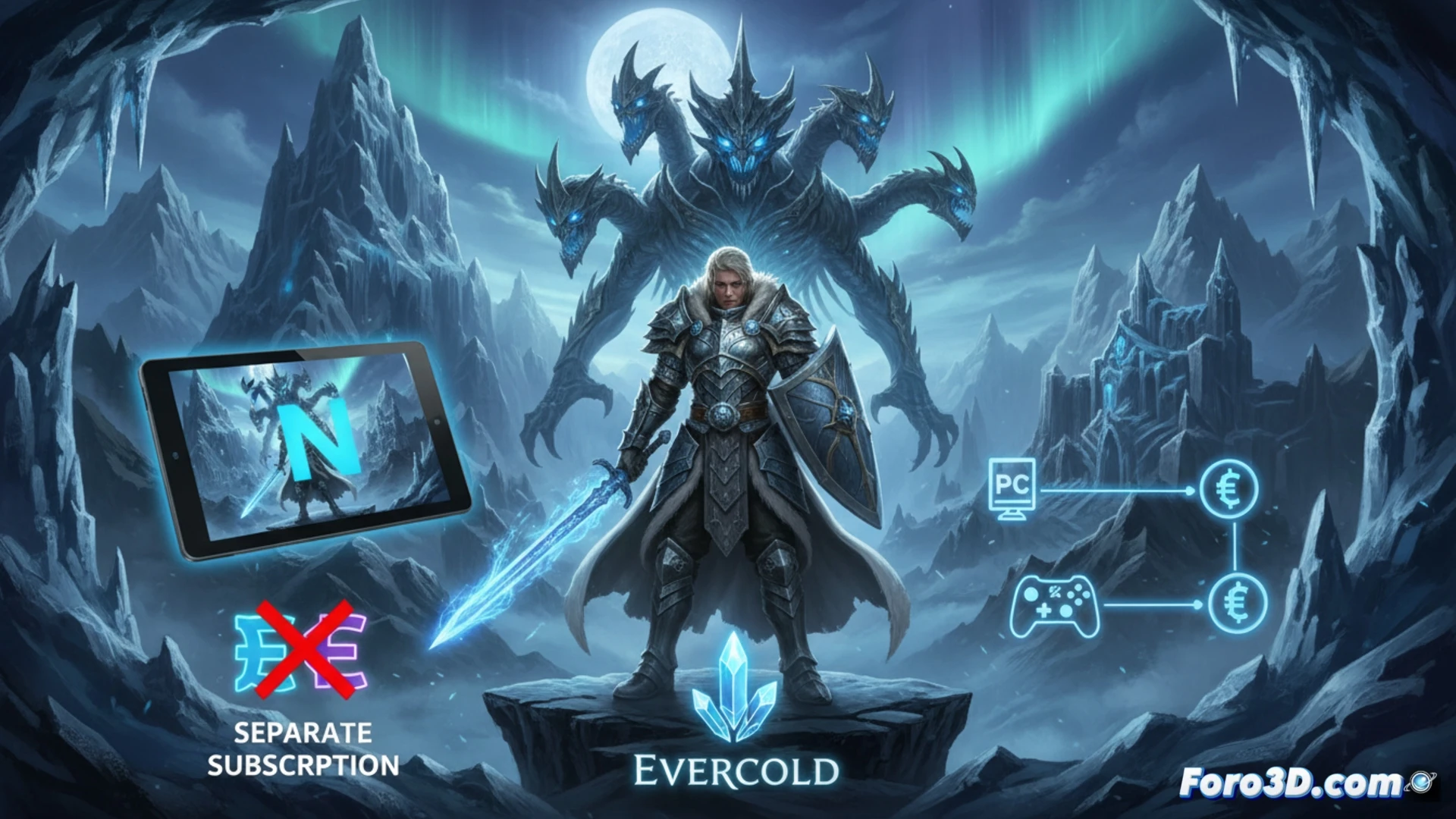 Un guerrero de luz sostiene dos tarjetas de suscripción, una para PC y otra para Switch 2, frente al paisaje helado de Evercold.