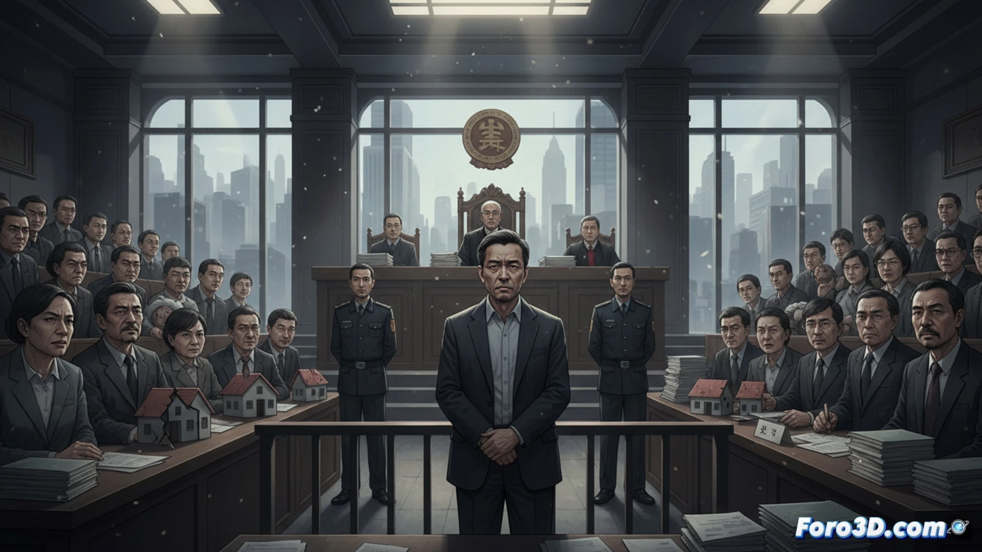 Un hombre en traje, cabizbajo ante un tribunal, con el logo de Evergrande desvaneciéndose tras él.