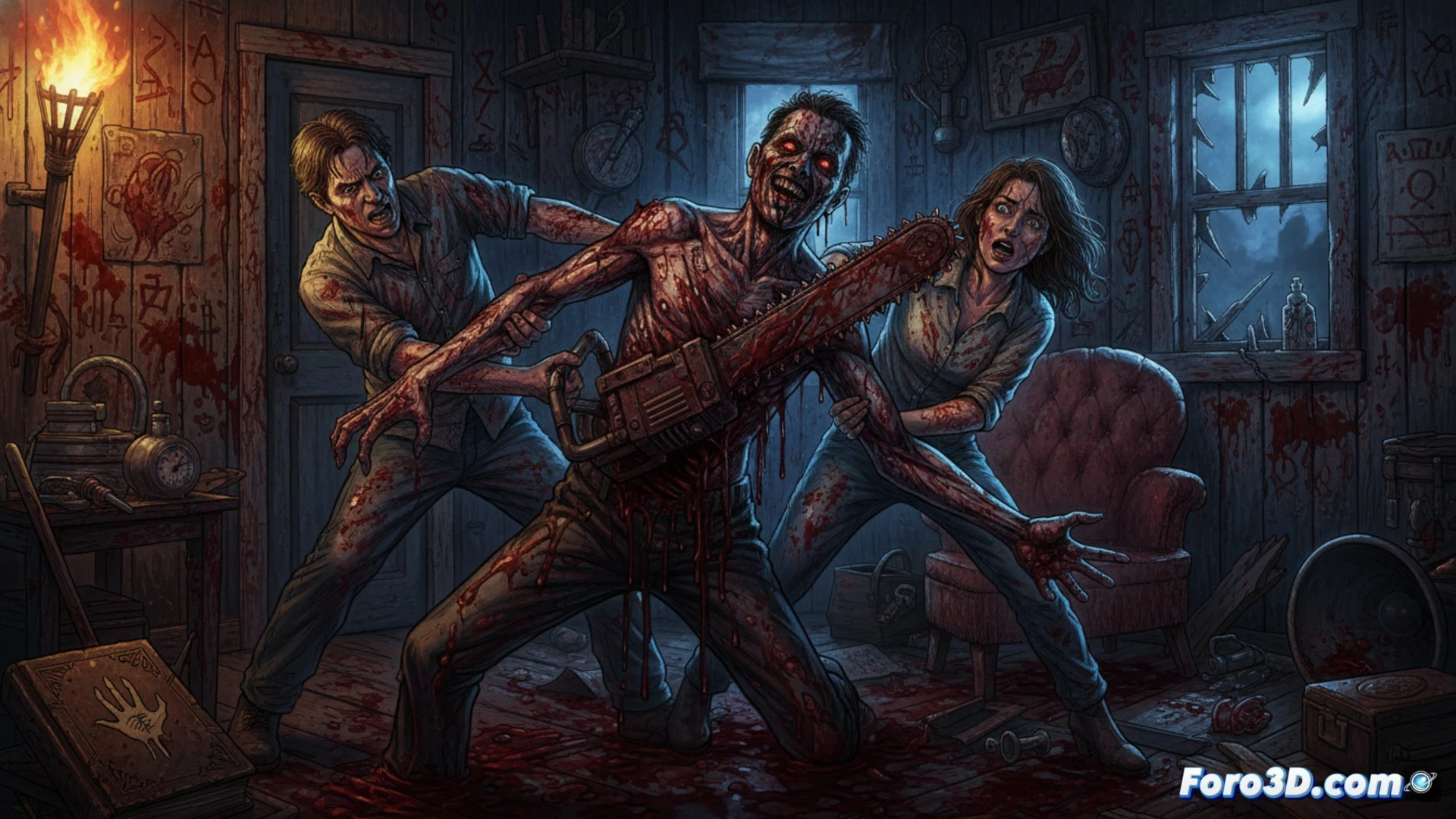 Una mano ensangrentada surge del suelo fangoso, agarrando un cuchillo oxidado.