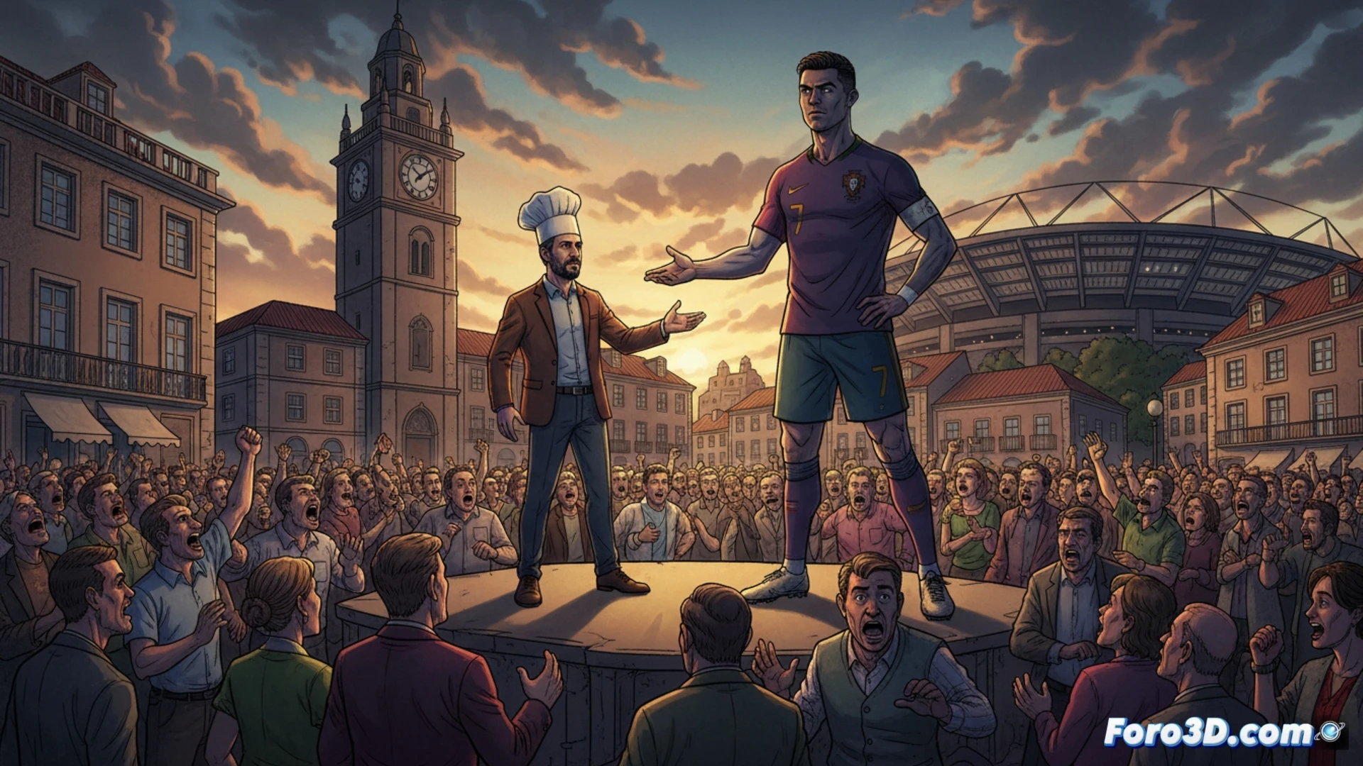 Una mano de chef sazona un plato junto a un balón de fútbol y un micrófono, simbolizando las revelaciones tácticas de CR7.