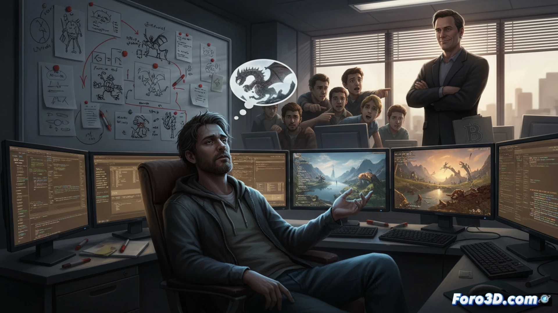 Un desarrollador revisa una larga lista de bugs conocidos en Skyrim, con un 95% marcado, antes del lanzamiento.