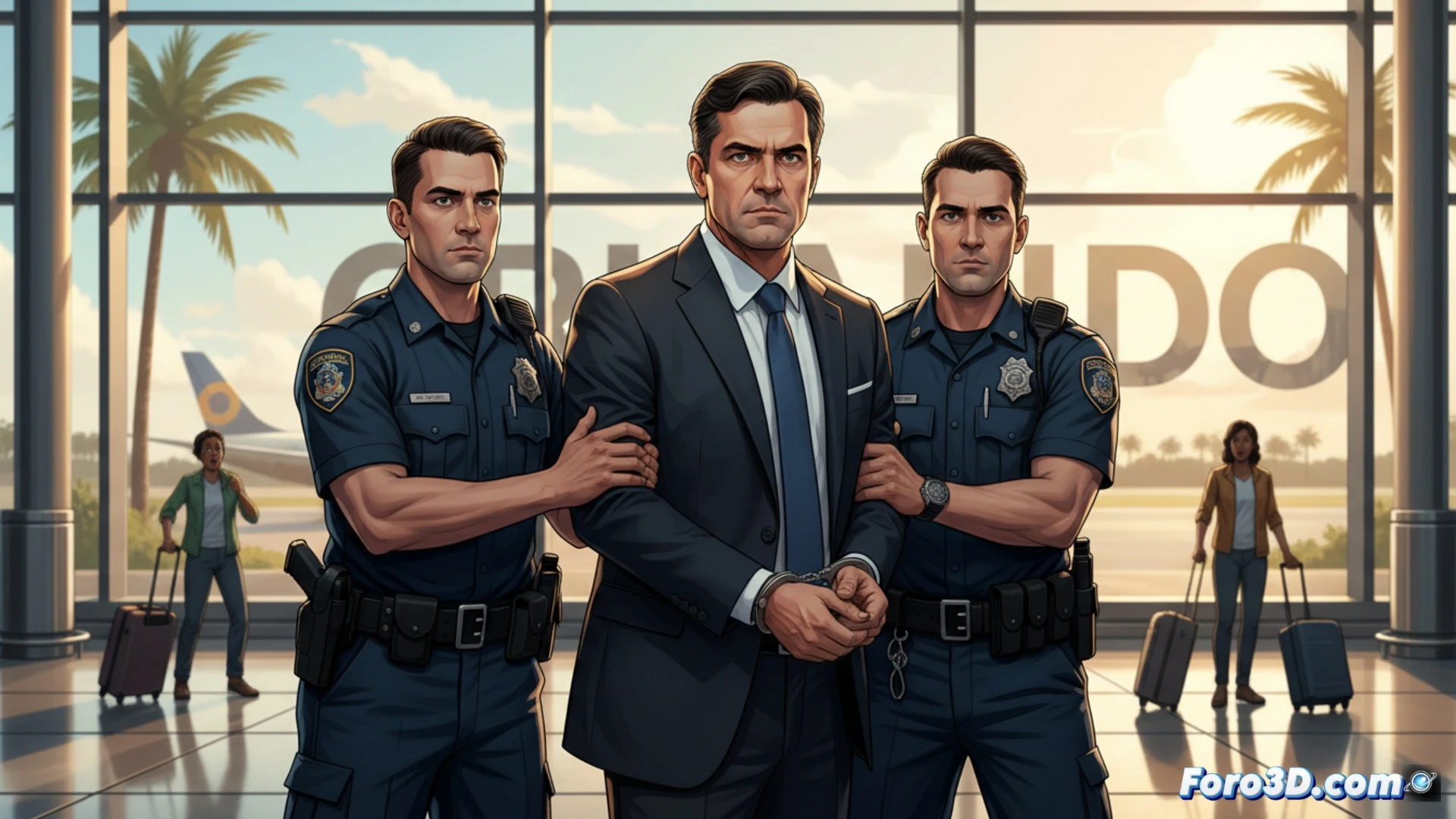 Un hombre con traje siendo esposado por agentes en un aeropuerto, con carteles de fondo en portugués e inglés.