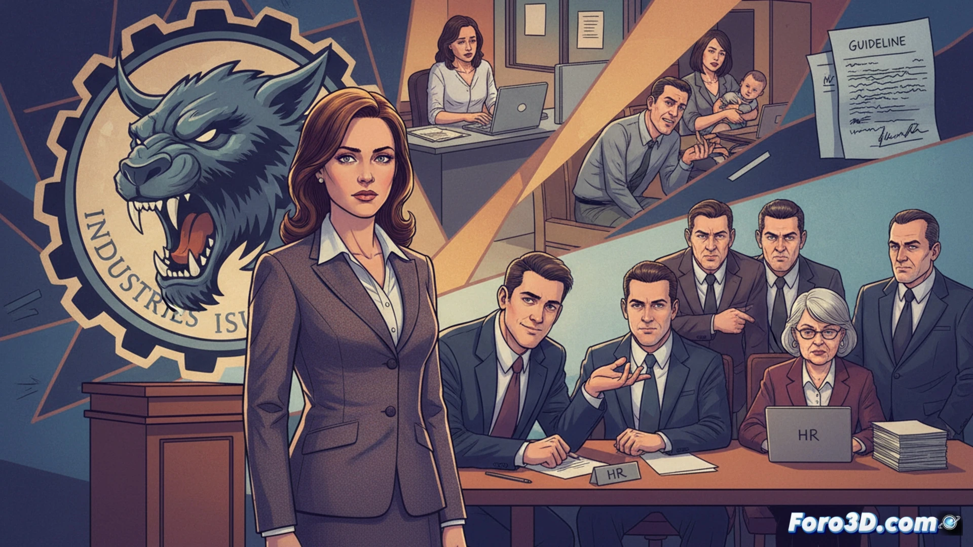 Una mujer ejecutiva observa un logotipo de MrBeast en una oficina opresiva, con documentos legales sobre la mesa.