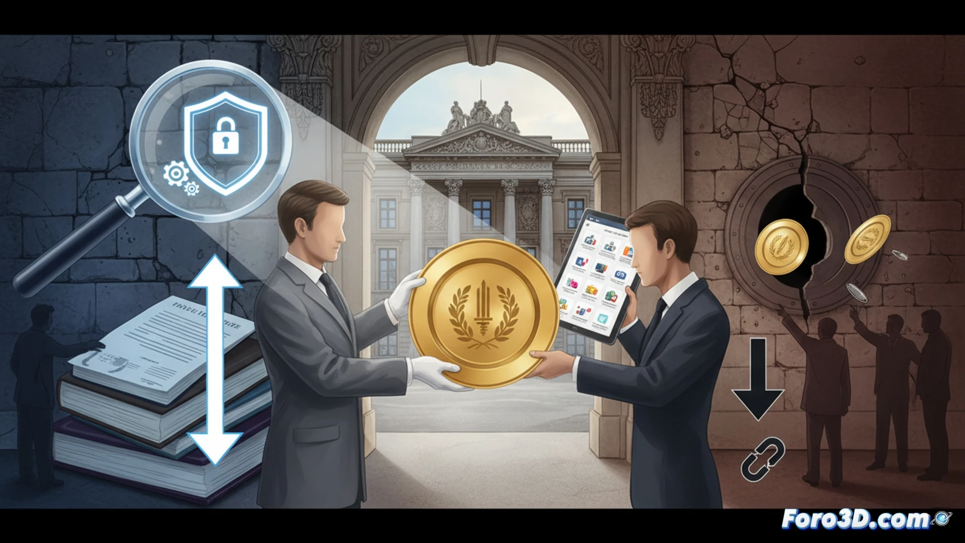 Un hombre en un pasillo lujoso del Elíseo, con una caja de porcelana dorada, observando su teléfono con una aplicación de ventas.