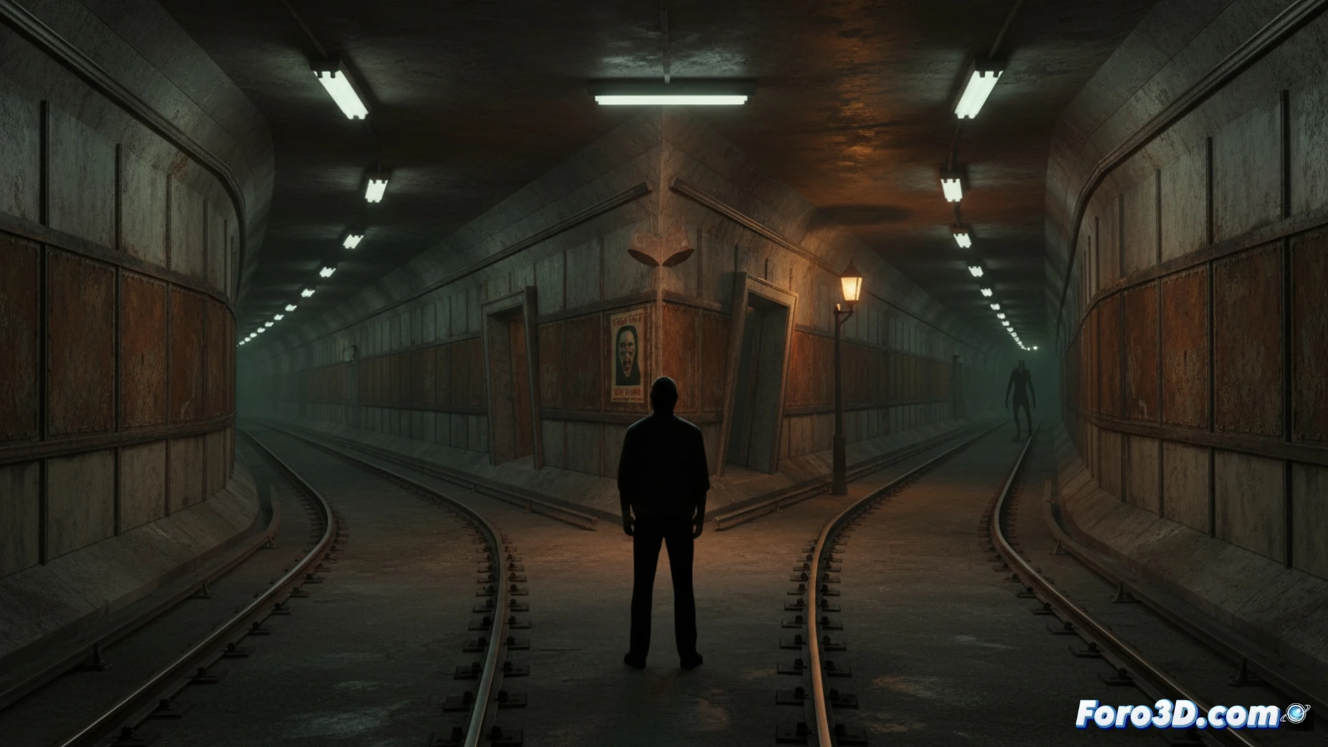 Un hombre atrapado en un bucle infinito dentro de un túnel iluminado, buscando una anomalía sutil para escapar.