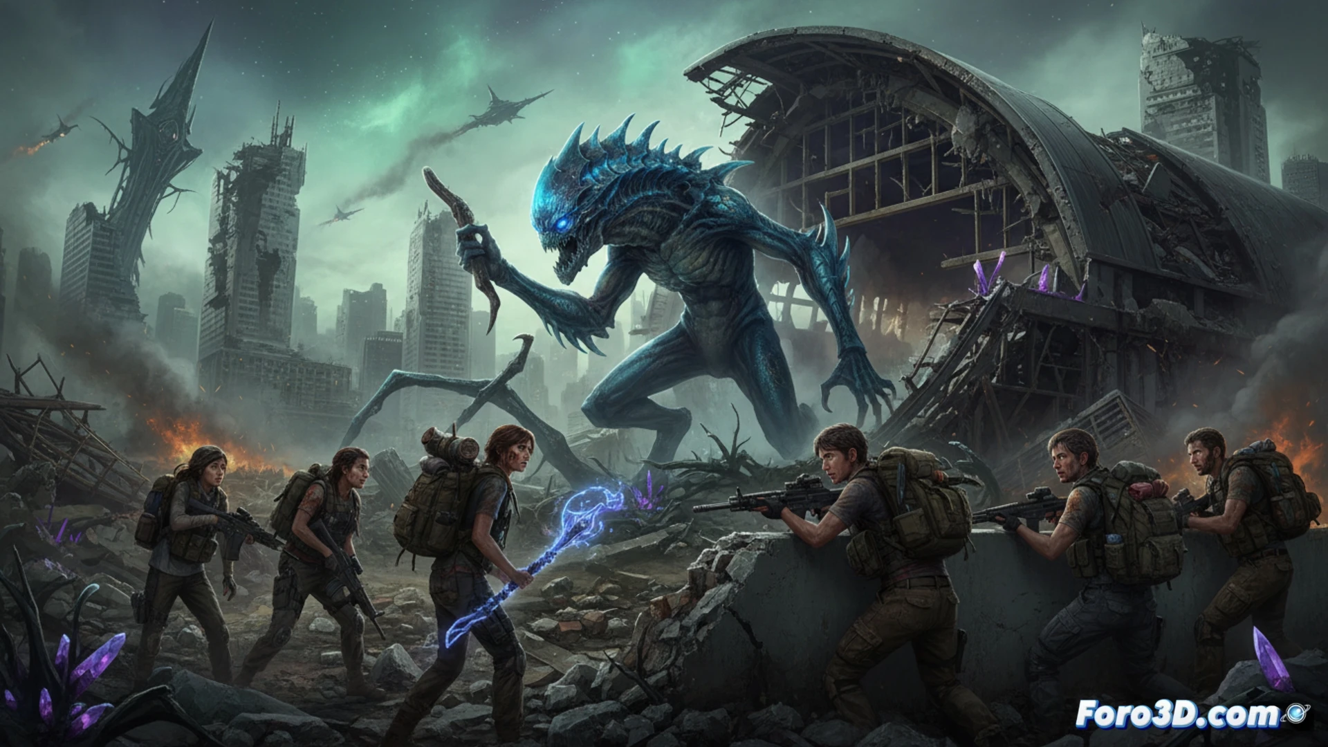 Un astronauta observa la Tierra devastada desde una estación espacial, con naves alienígenas acercándose.