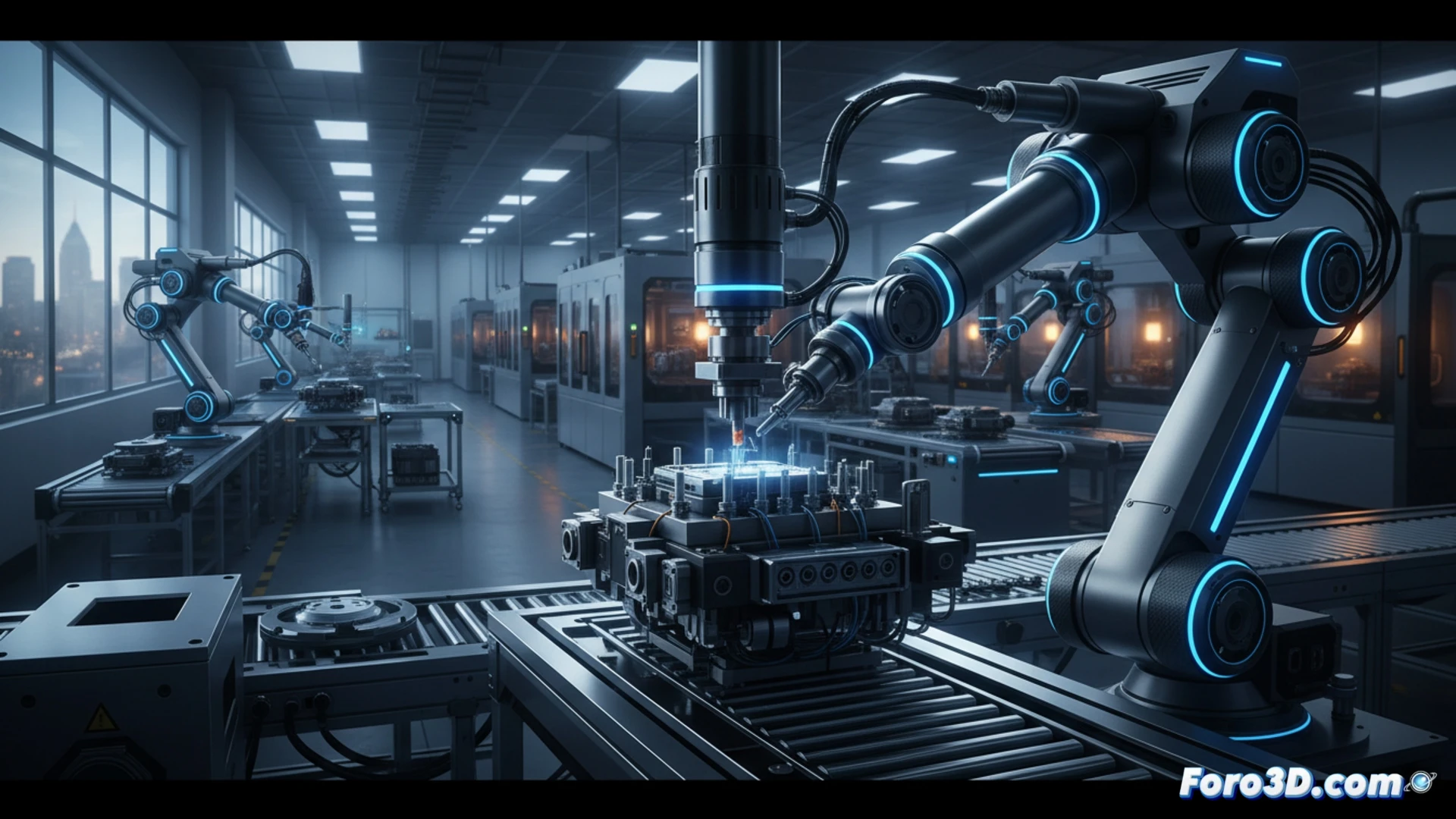 Imagen de una moderna línea de ensamblaje donde un técnico revisa cabezales de impresión Spectra Mono-Z en Canton, Míchigan. Al fondo, paneles de control y piezas metálicas reflejan eficiencia industrial.