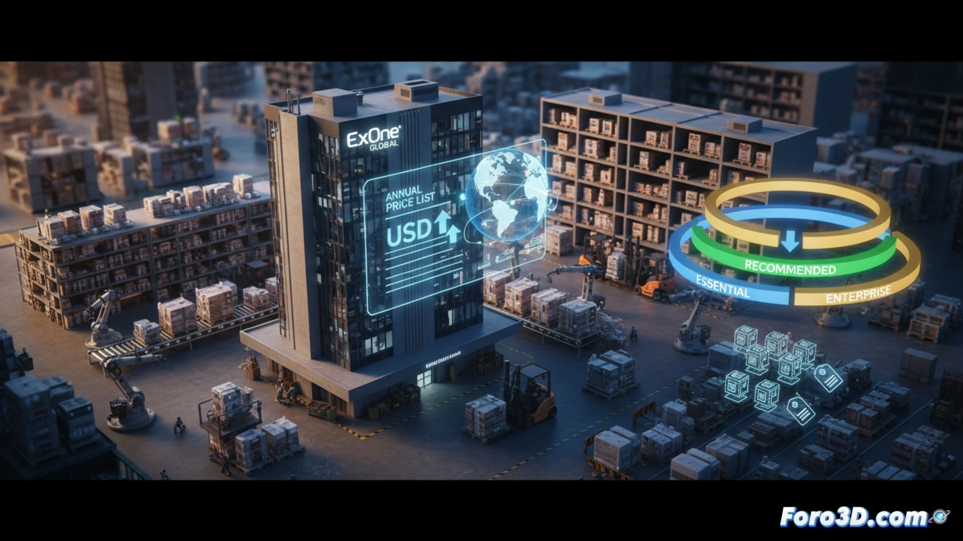 Almacén en Detroit con estanterías de repuestos, trabajador revisando inventario y letrero de ExOne Global con lista de precios fijos.