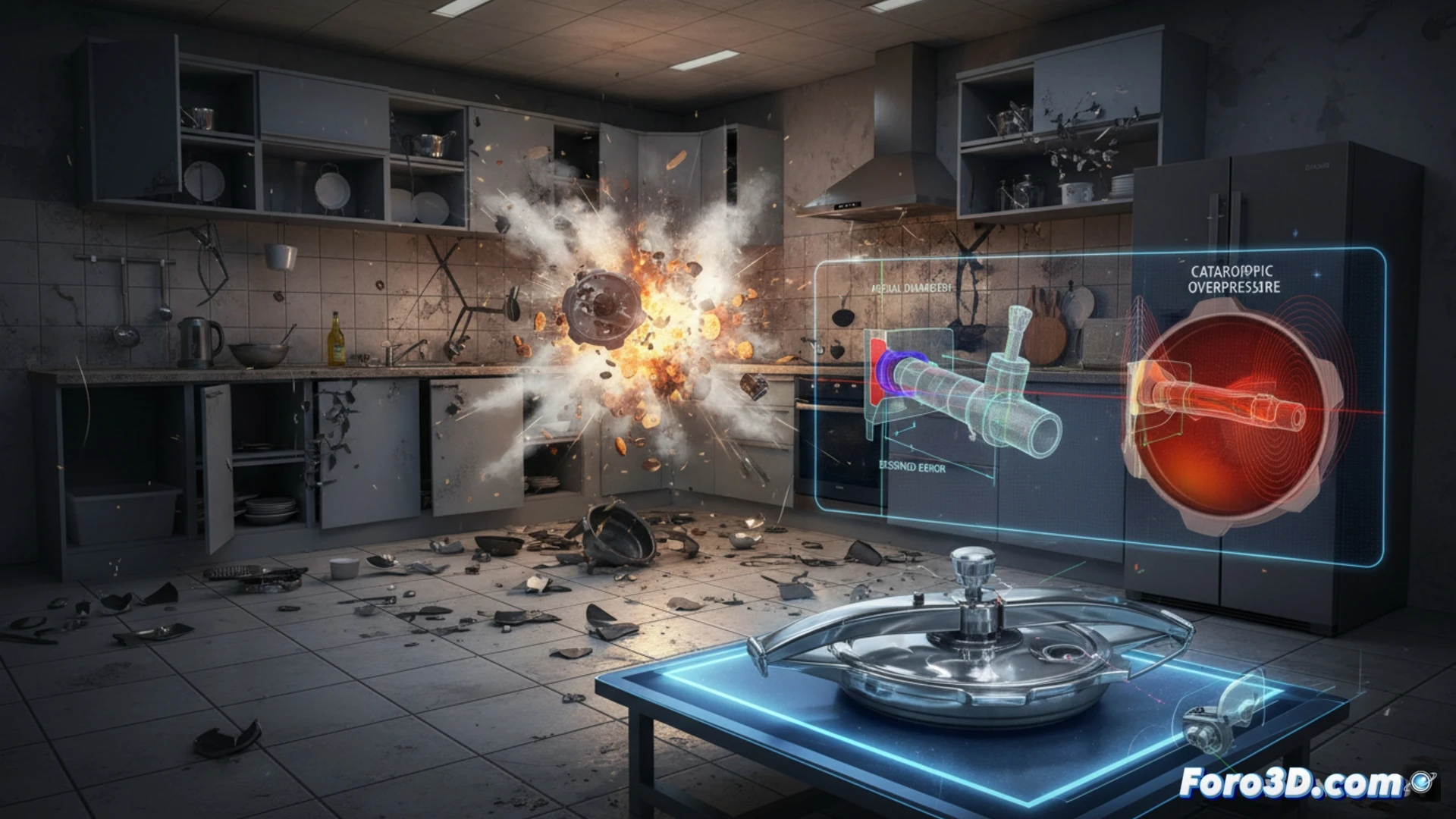 [Restos de olla a presión deformada tras explosión doméstica con análisis metrológico 3D forense]