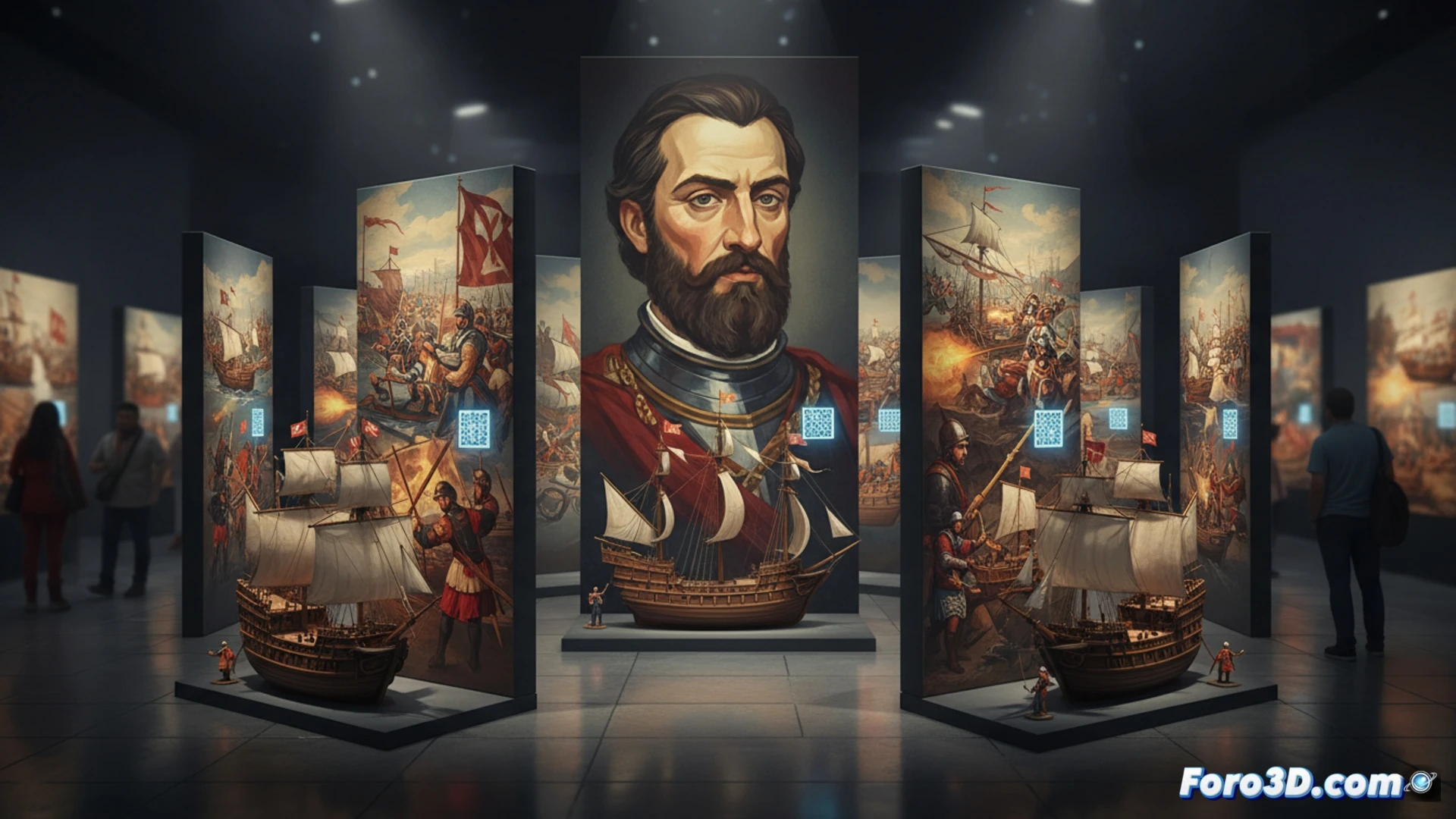 Una exposición naval con paneles, recreaciones 3D y códigos QR sobre Álvaro de Bazán y la batalla de Lepanto.