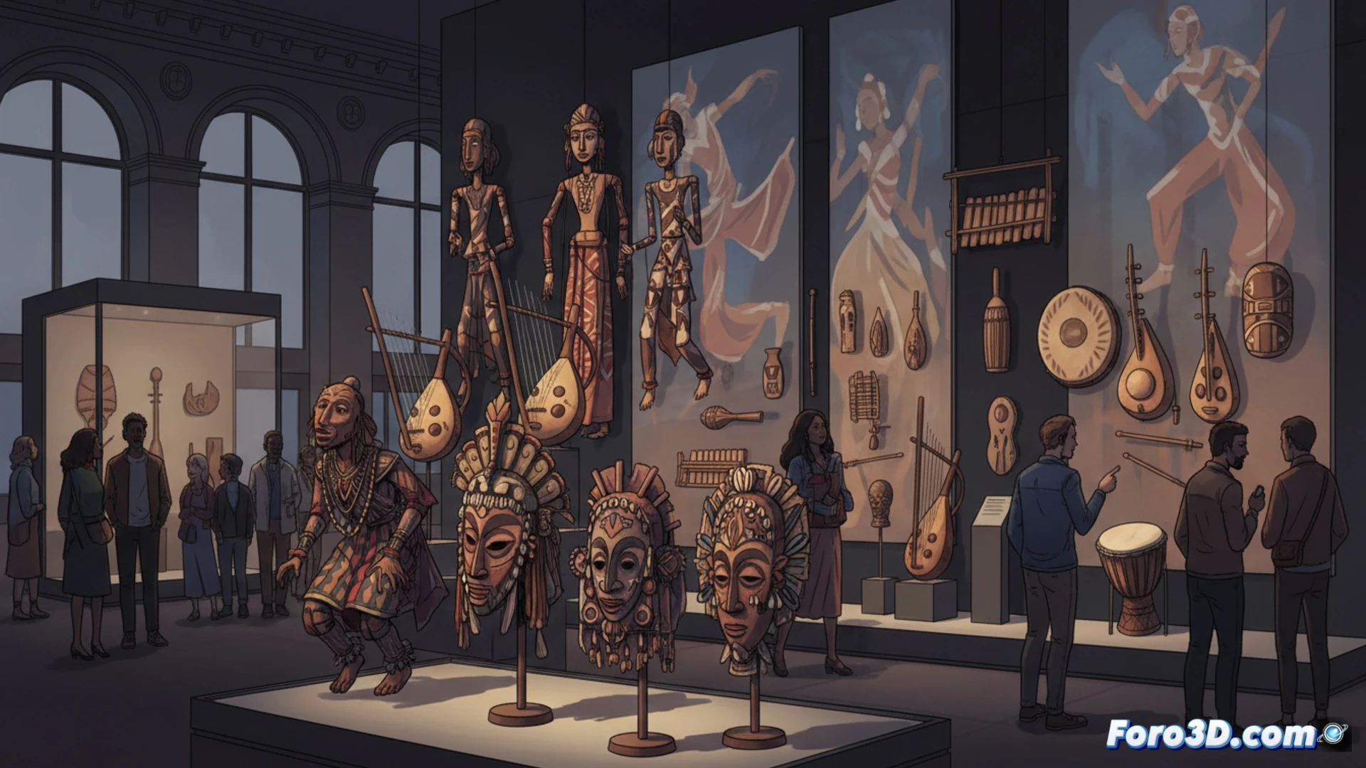 Una sala museo con máscaras y marionetas de Mali, iluminadas para resaltar su artesanía ritual.