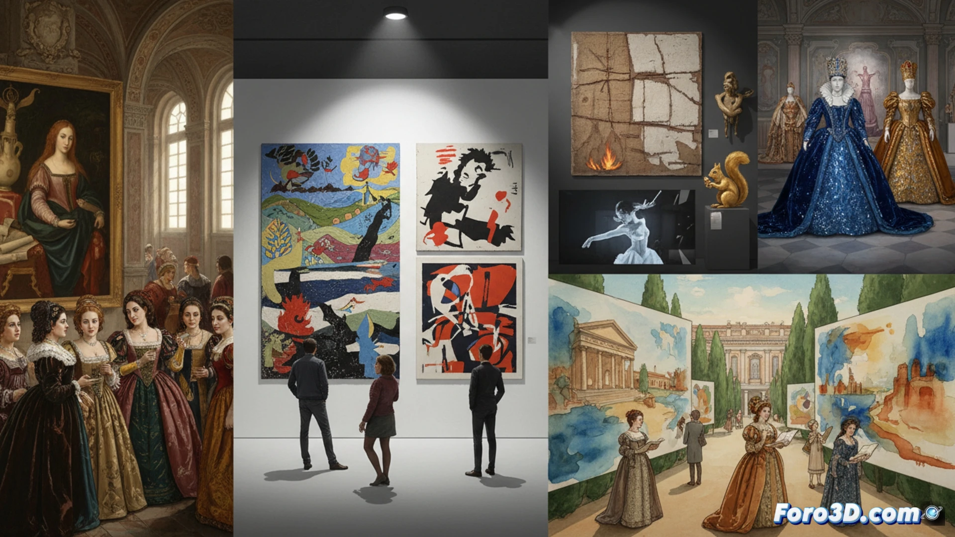 Una sala de museo con un fresco renacentista junto a una pintura abstracta moderna, bajo la luz de un ventanal italiano.