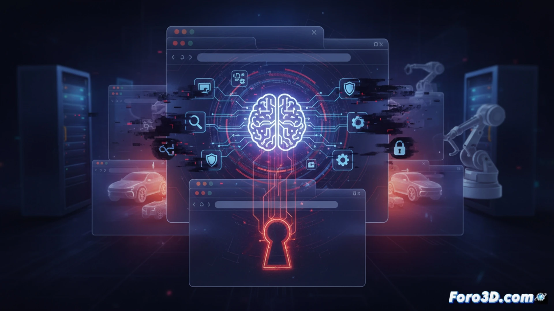 Una extensión de navegador con IA, icono brillante, accede con permisos excesivos a datos sensibles del usuario en segundo plano.