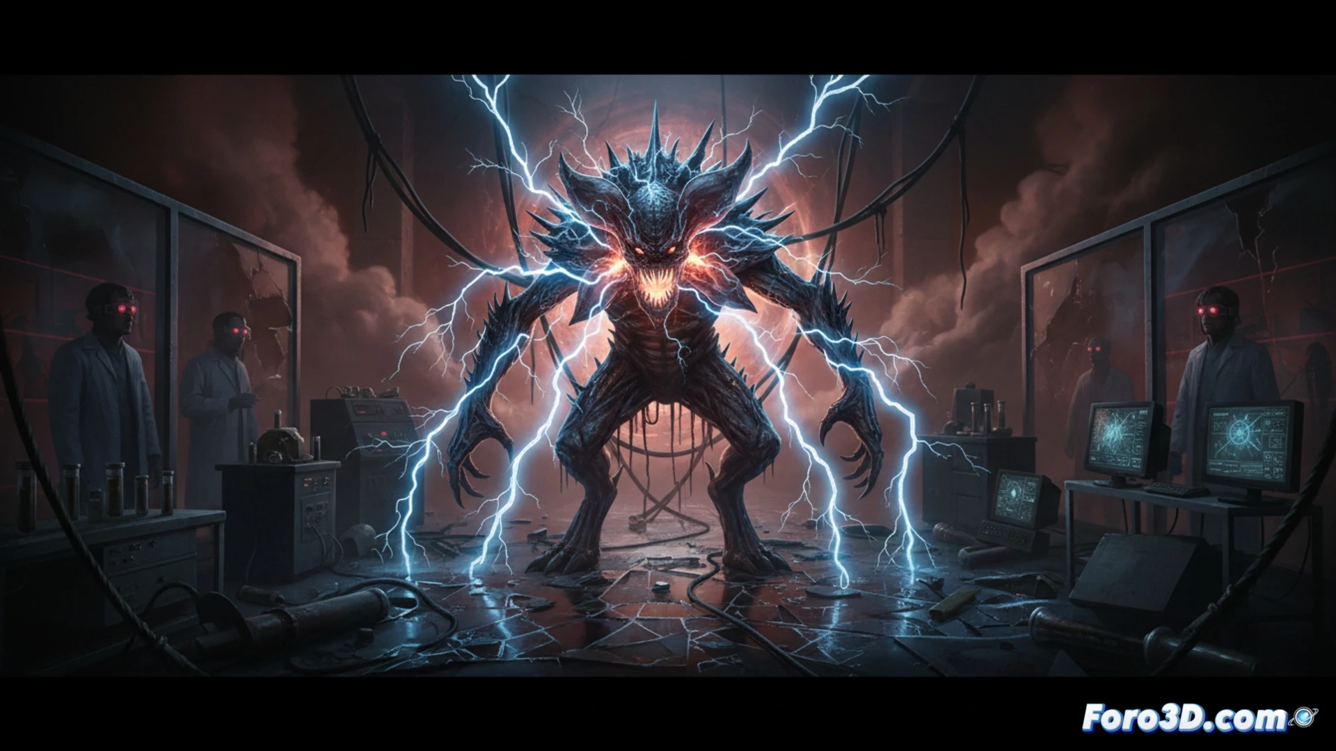 Un Demogorgon reanimándose entre violentos arcos eléctricos y luces parpadeantes en un laboratorio oscuro.