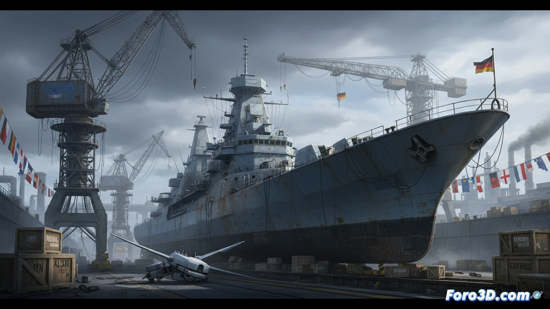 Visualización 3D de la fragata F126 en un astillero, con gráficos superpuestos mostrando nodos críticos de la cadena de suministro.