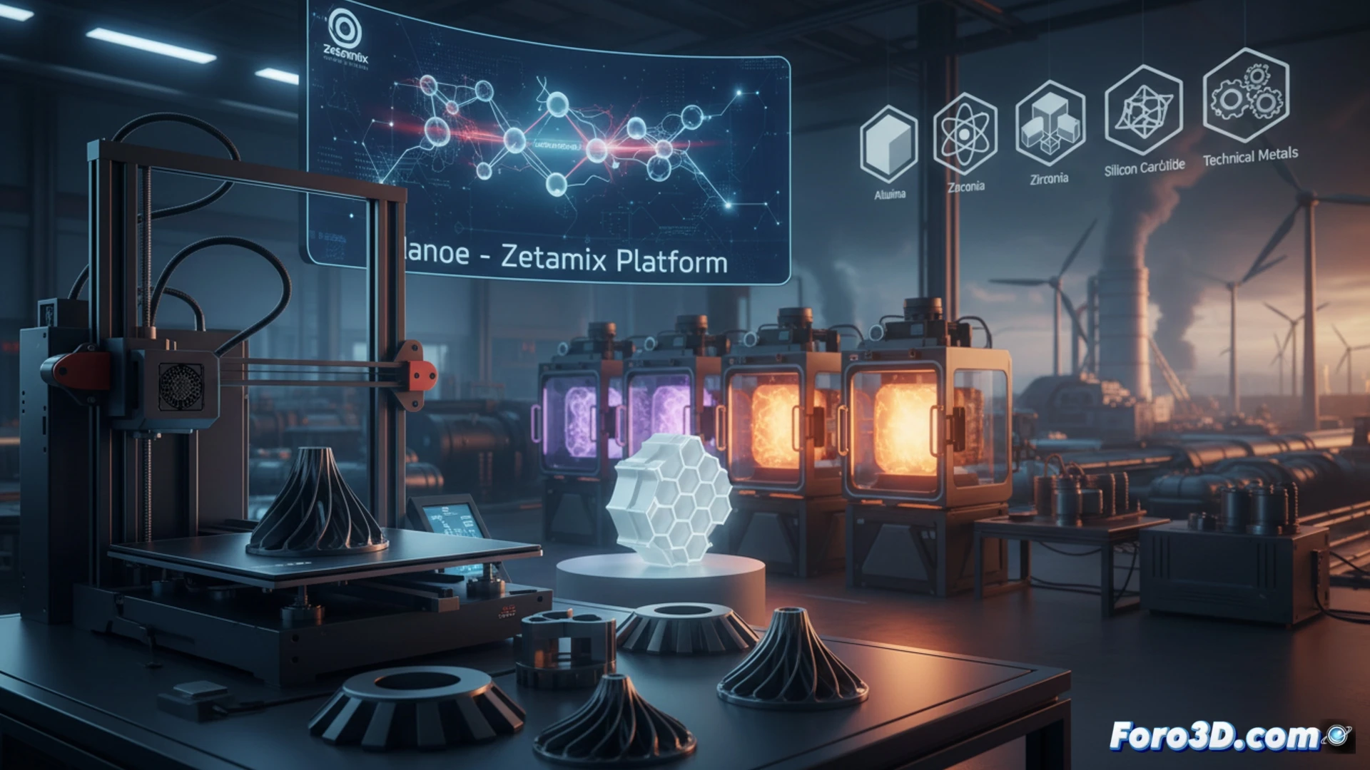 Descripción: Primer plano de una pieza cerámica naranja impresa en 3D, con capas visibles, sobre una plataforma Zetamix en una impresora FDM, rodeada de gráficos energéticos.