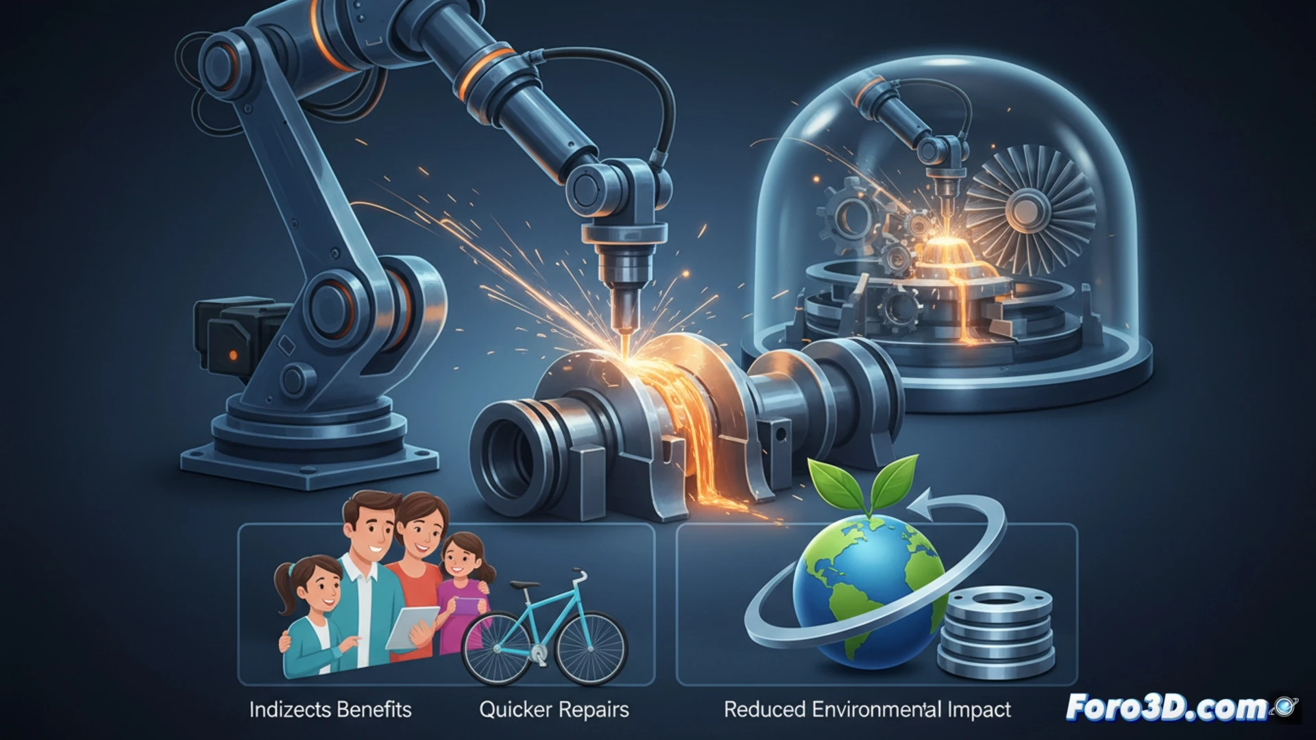 Una impresora 3D metálica crea una pieza compleja, con un operario observando el proceso con expresión ambivalente.