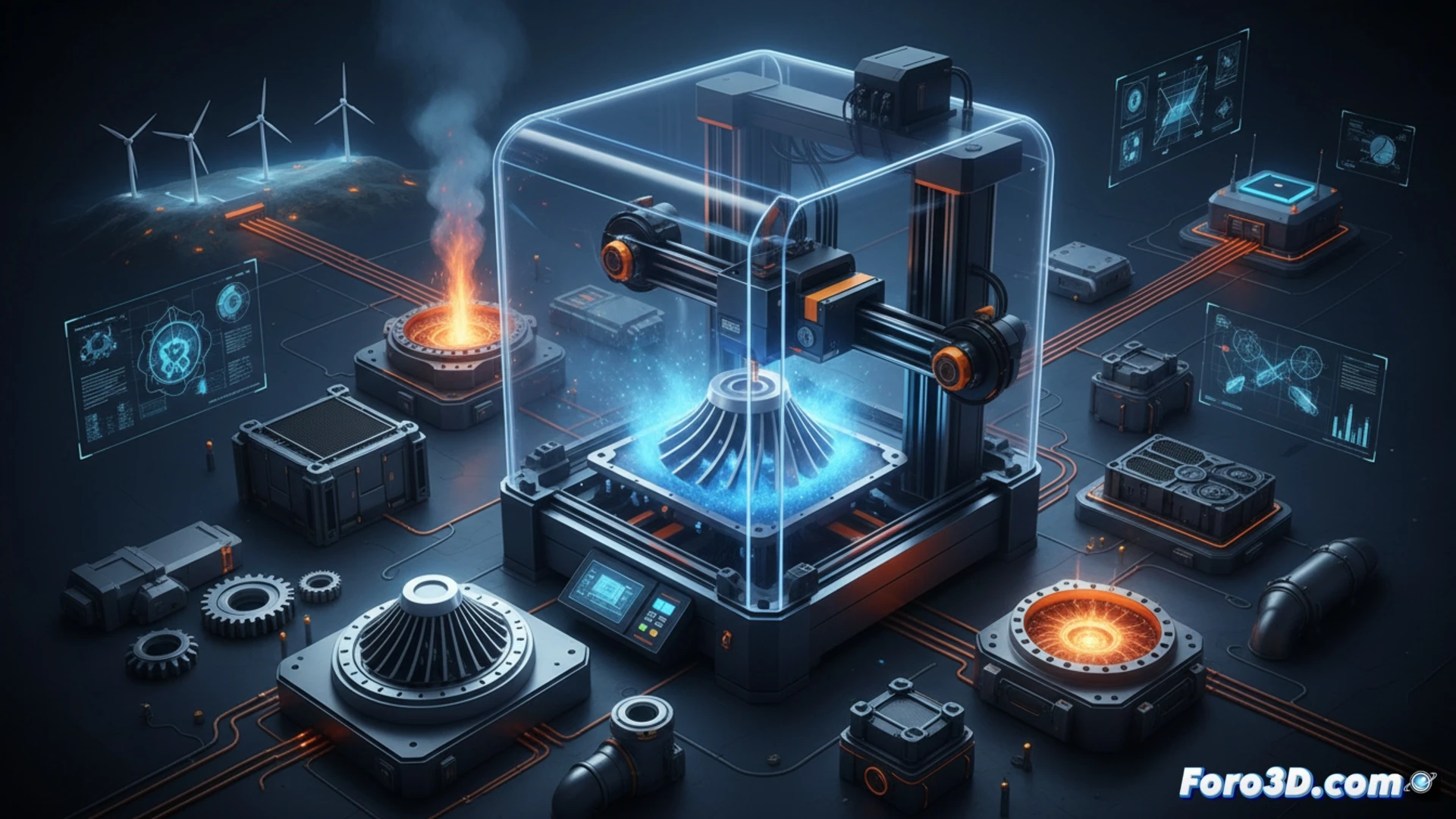 Una impresora 3D industrial fabrica una turbina metálica compleja en una planta de energía.