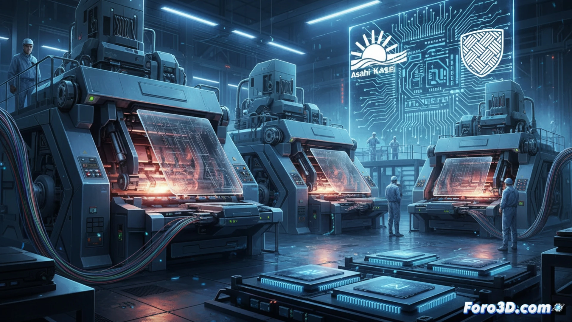 Una línea de producción automatizada fabrica finas láminas de vidrio de alta precisión, con gráficos superpuestos de chips de IA y circuitos brillando sobre ellas.