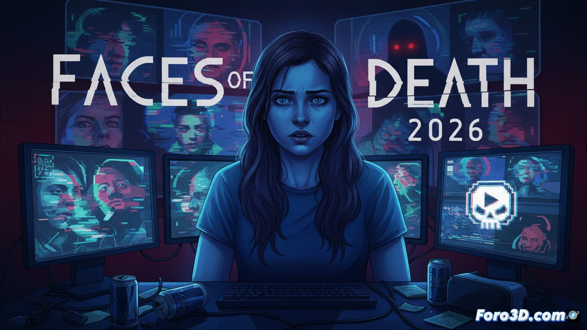 Una moderadora frente a múltiples pantallas, donde vídeos violentos se mezclan con un siniestro logotipo de un juego. Su reflejo en el cristal muestra horror y fascinación.