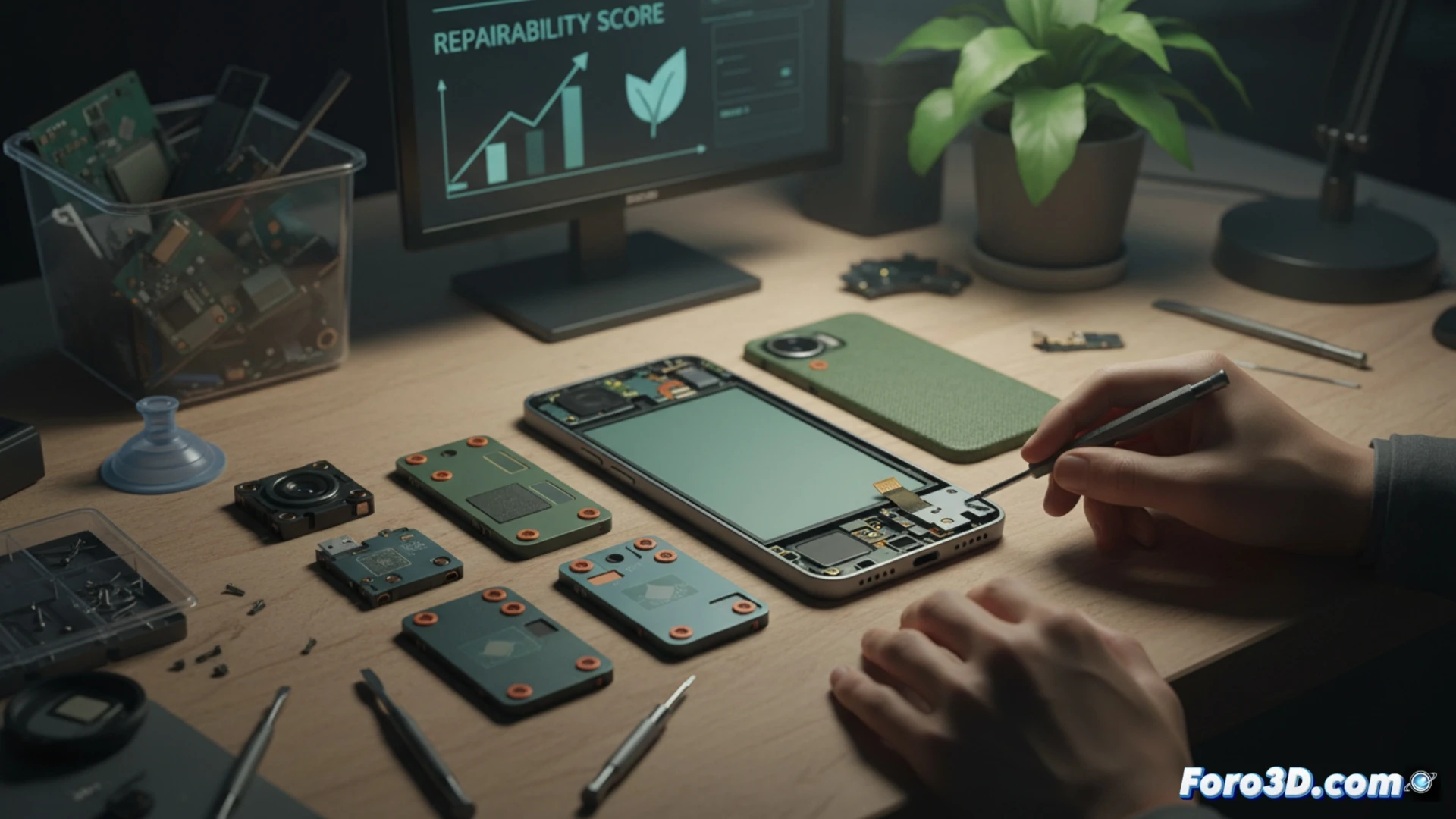 Un teléfono modular desensamblado, mostrando sus componentes internos reemplazables sobre una mesa de trabajo.