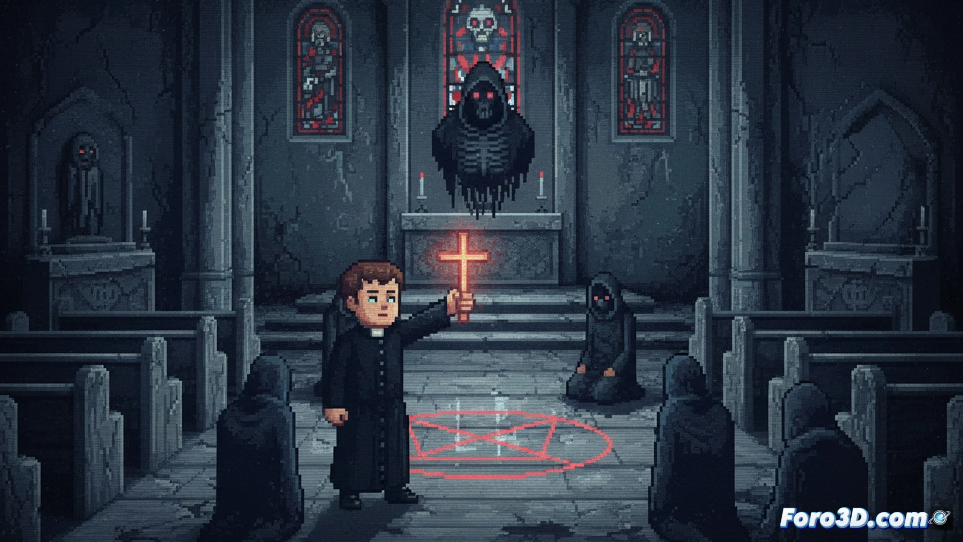 Un sacerdote enfrenta posesiones y una secta en un terror pixelado de los ochenta.