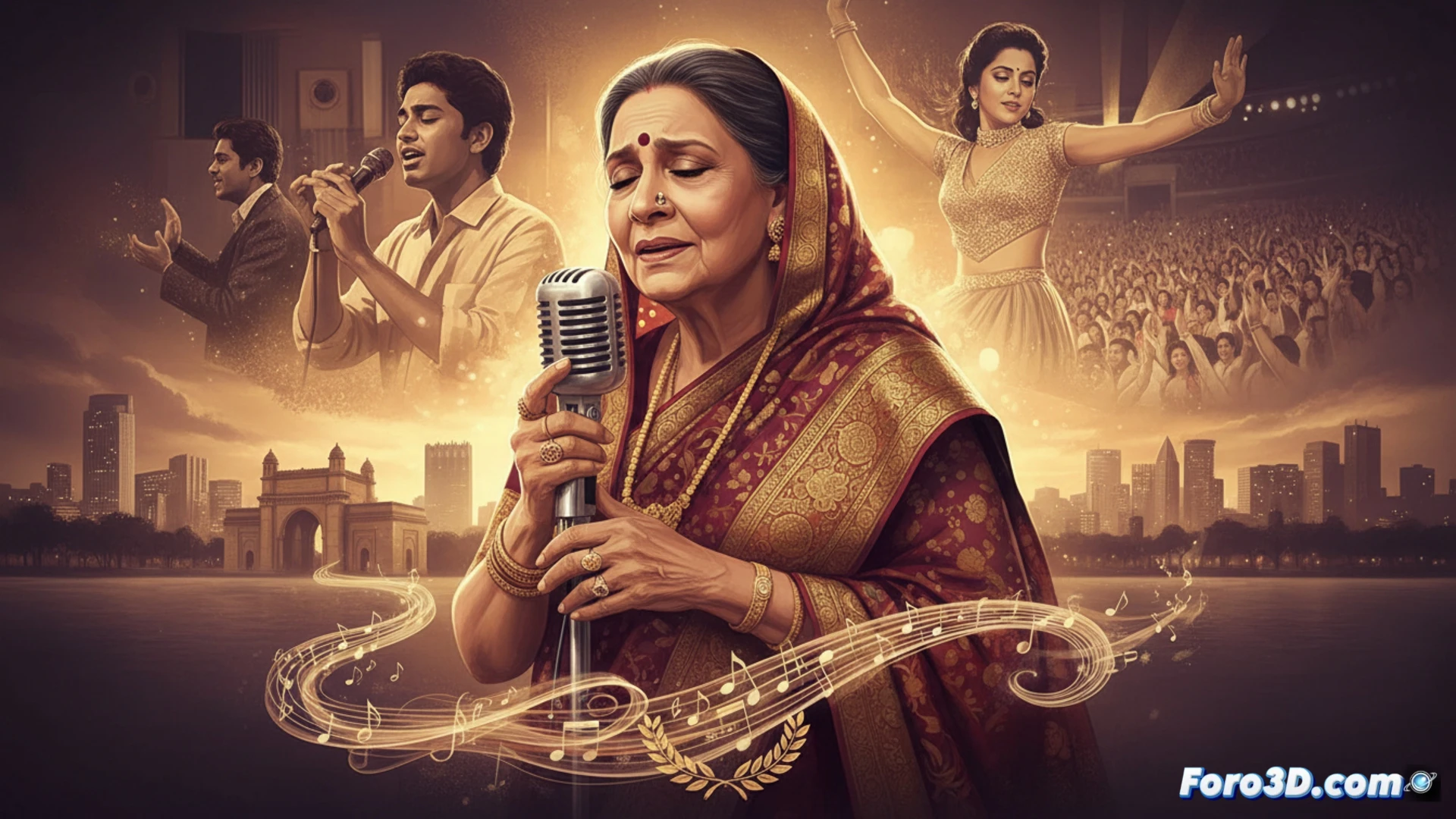 Una Asha Bhosle mayor, con elegancia y una sonrisa cálida, canta frente a un micrófono clásico.