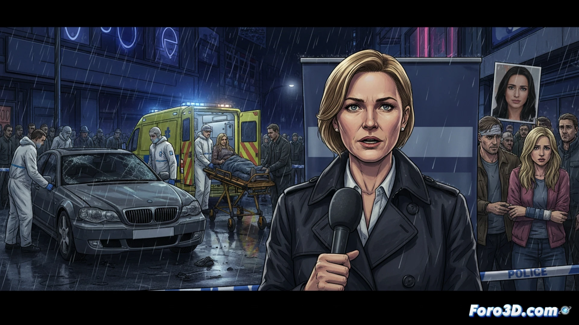 Una silueta femenina yace en el asfalto nocturno, reflejos de luces de discoteca y un volante roto al fondo.