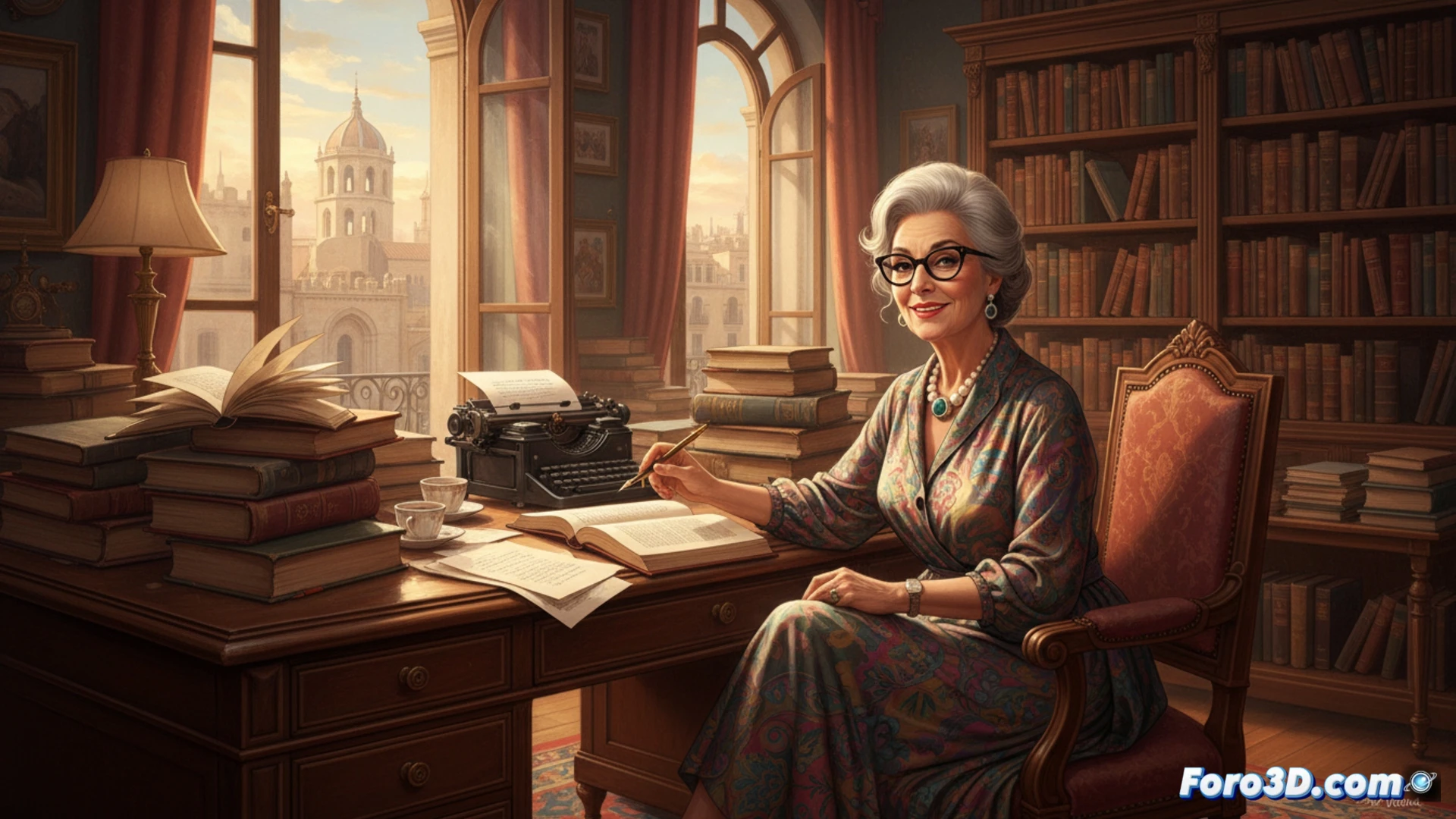 Una mujer elegante y sonriente, rodeada de pilas de libros en una luminosa librería de Barcelona.